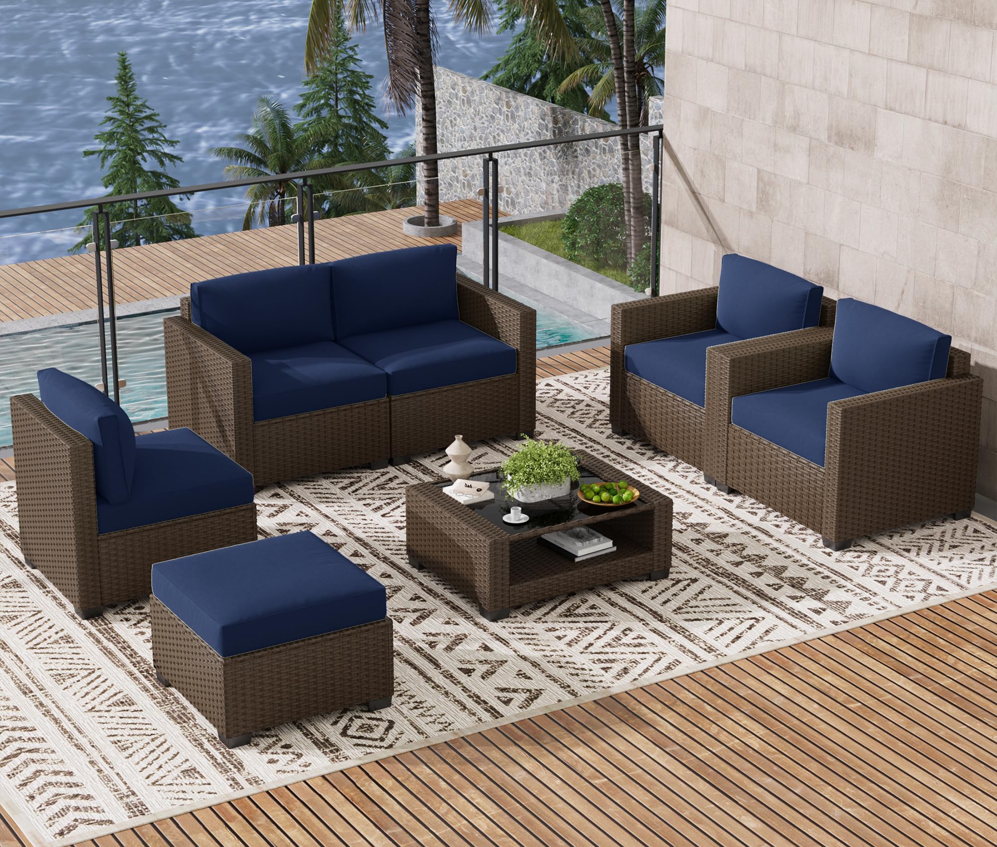LOUVIXA 7 Piece Outdoor Patio Furniture Set, Rattan Chairs Glass Table Wicker Conversation Seating Sectional Sofa with Cushions (Brown-Navy, 7Pcs-2 Layer Coffee Table)