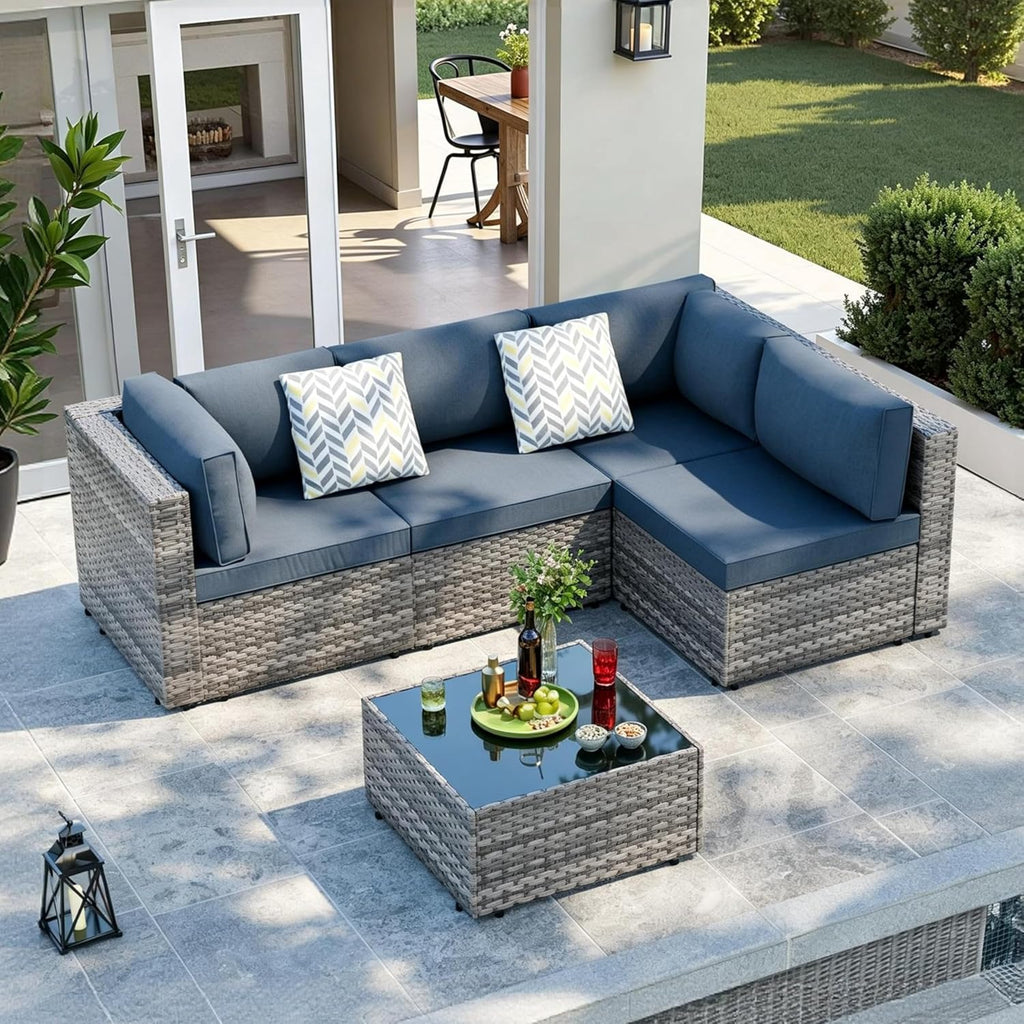 Silver Rattan 5pc Patio Sofa Set