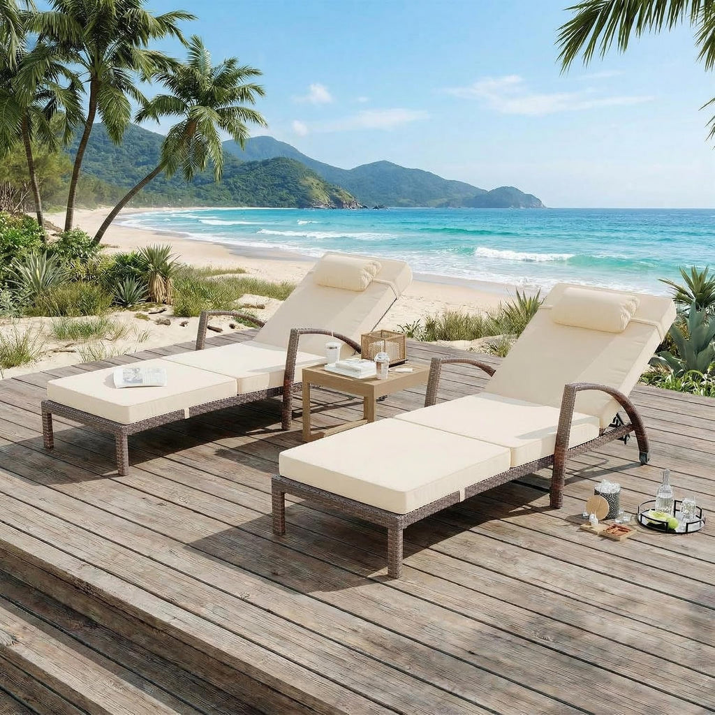 2 Beige Wicker Adjustable Pool Chaise Lounges