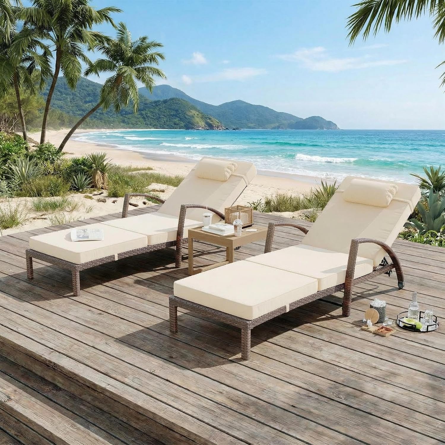 2 Beige Wicker Adjustable Pool Chaise Lounges