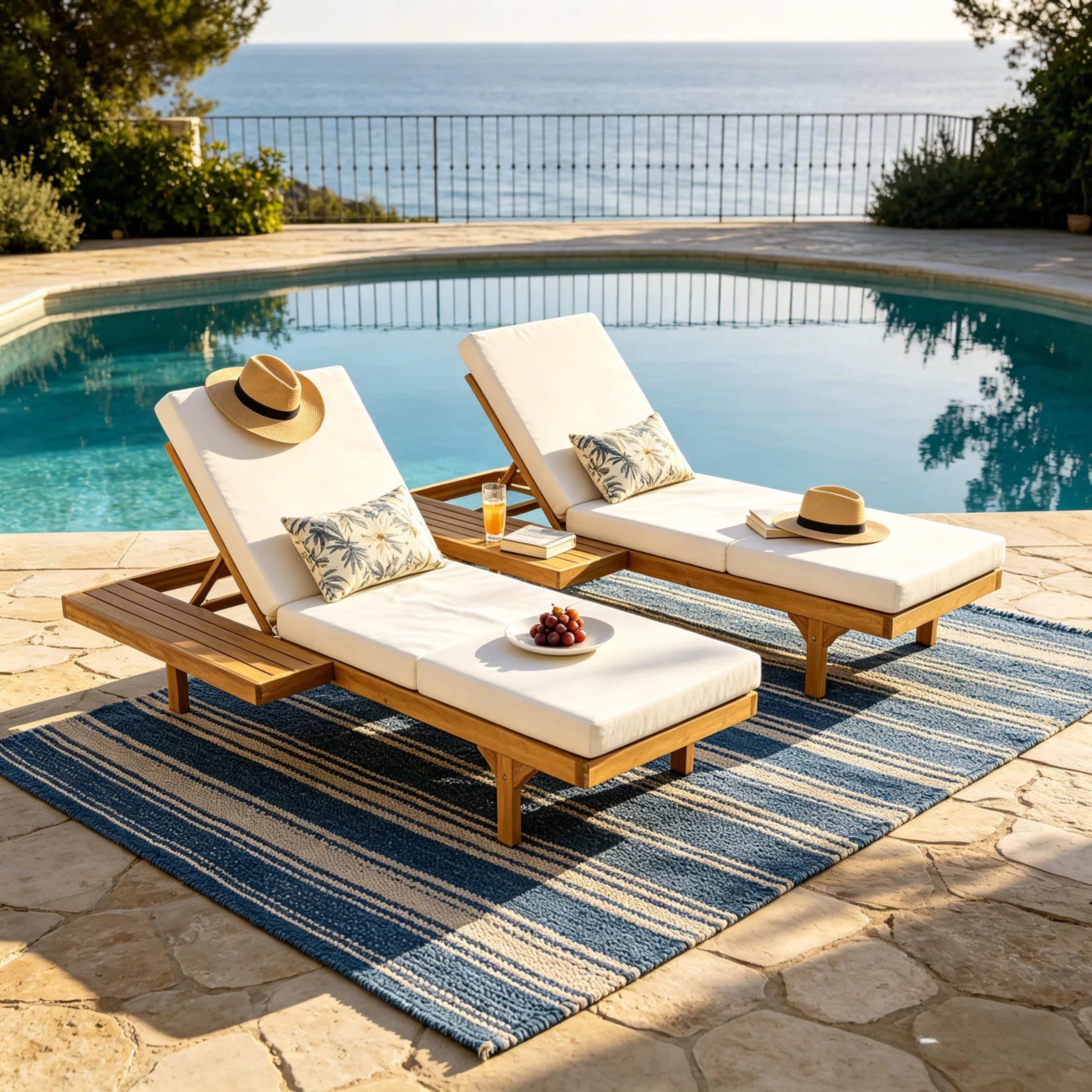 Outdoor Wicker Chaise Lounge Chairs Set of 2, 80'' Patio Rattan Reclining Chair w/Pull-Out Side Table &5-Level Adjustable Backrest Ergonomic Wave Design Pool Sunbathing Recliners, Gray