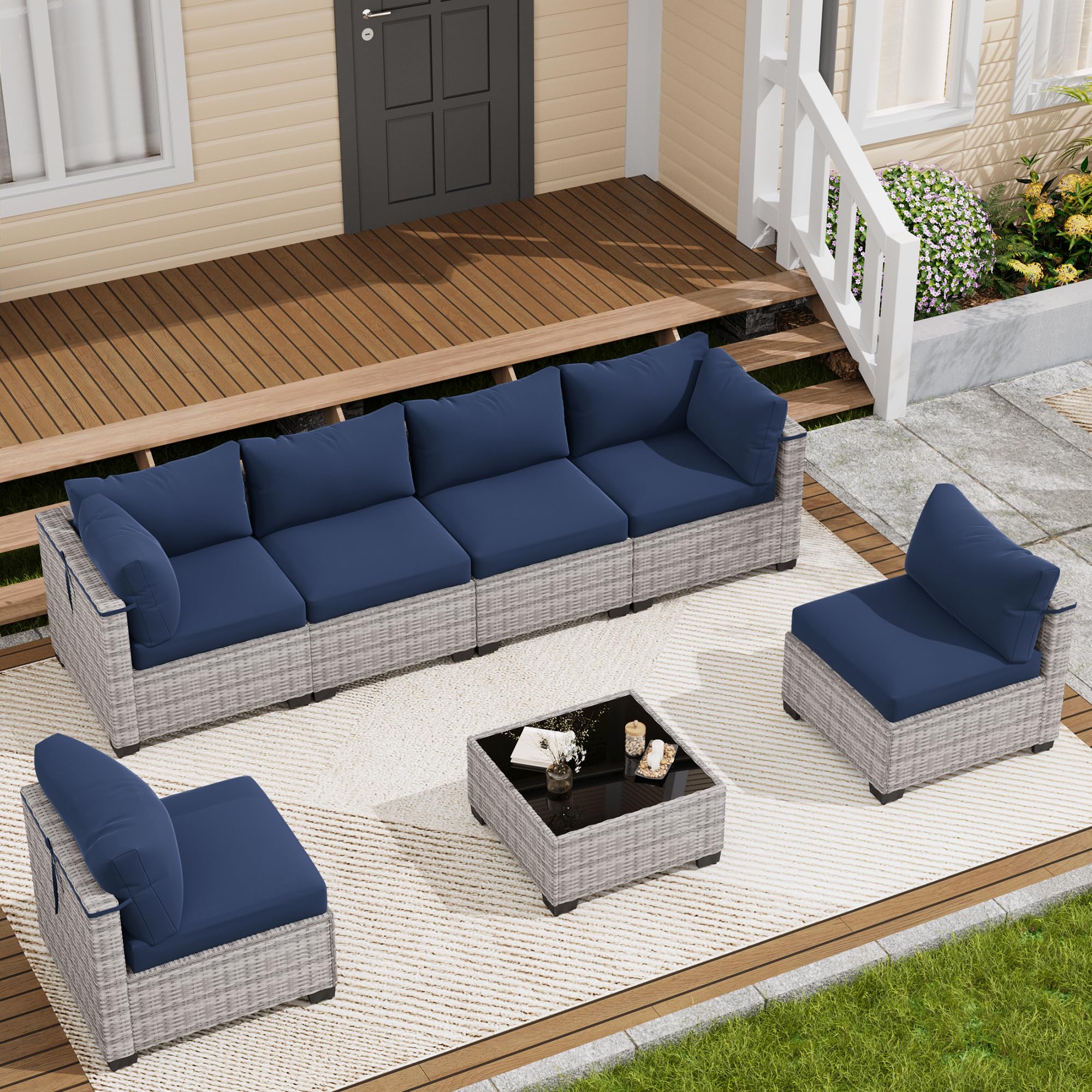 LOUVIXA 7 Piece Outdoor Patio Furniture Set, Rattan Chairs Glass Table Wicker Conversation Seating Sectional Sofa with Cushions (Brown-Navy, 7Pcs-2 Layer Coffee Table)