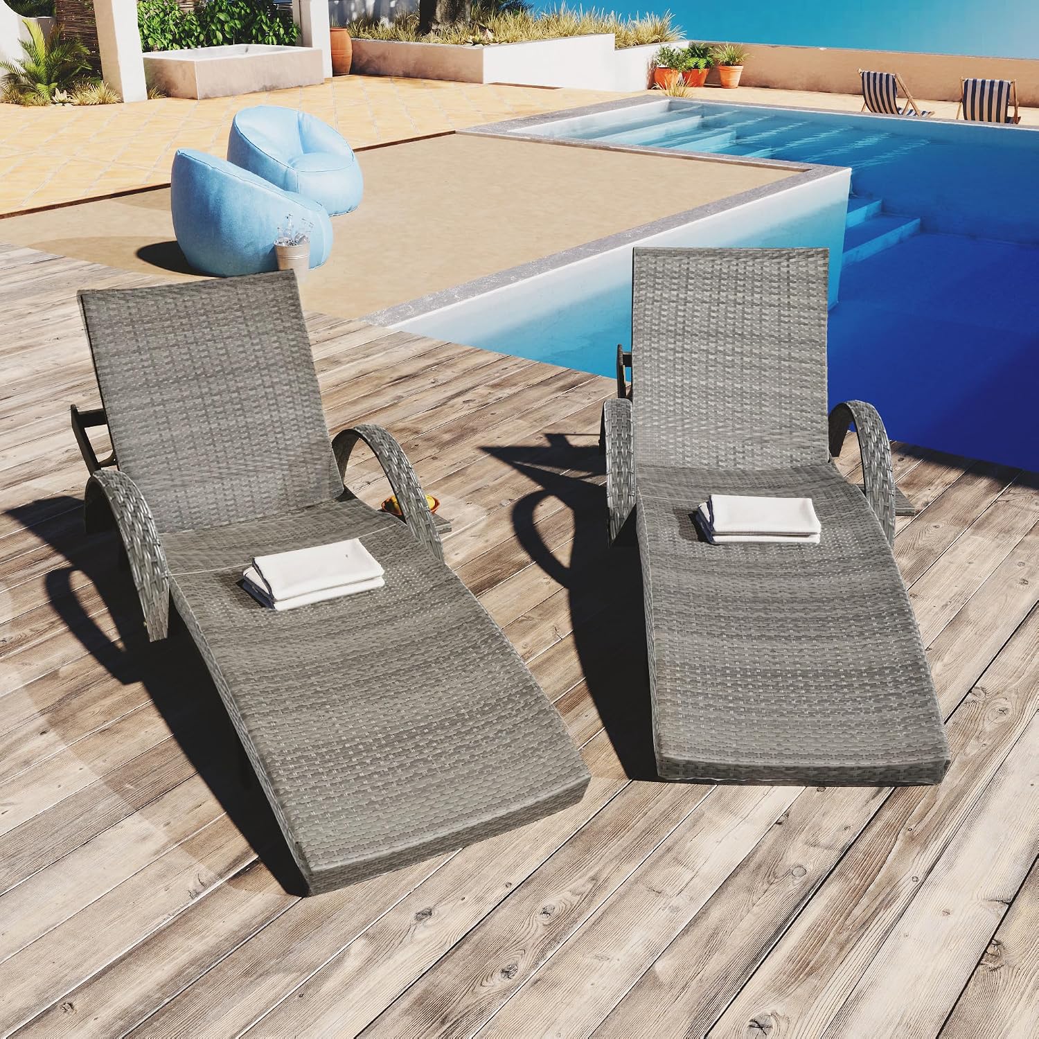 Outdoor Wicker Chaise Lounge Chairs Set of 2, 80'' Patio Rattan Reclining Chair w/Pull-Out Side Table &5-Level Adjustable Backrest Ergonomic Wave Design Pool Sunbathing Recliners, Gray