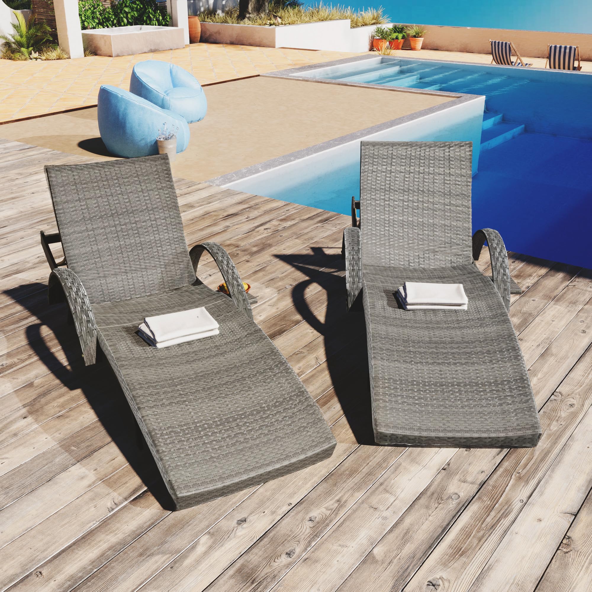 Outdoor Wicker Chaise Lounge Chairs Set of 2, 80'' Patio Rattan Reclining Chair w/Pull-Out Side Table &5-Level Adjustable Backrest Ergonomic Wave Design Pool Sunbathing Recliners, Gray