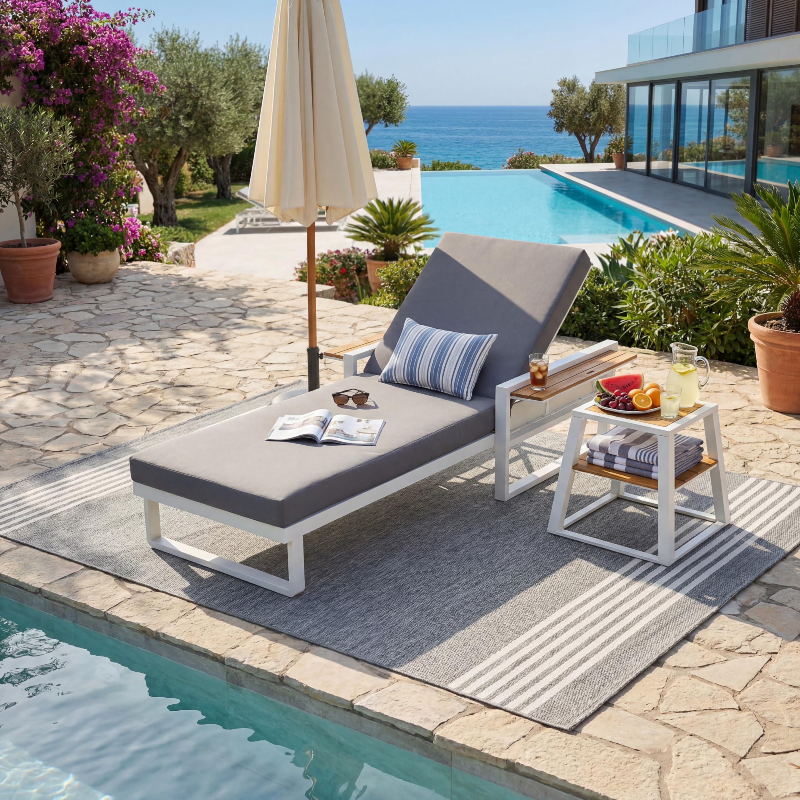 Outdoor Wicker Chaise Lounge Chairs Set of 2, 80'' Patio Rattan Reclining Chair w/Pull-Out Side Table &5-Level Adjustable Backrest Ergonomic Wave Design Pool Sunbathing Recliners, Gray