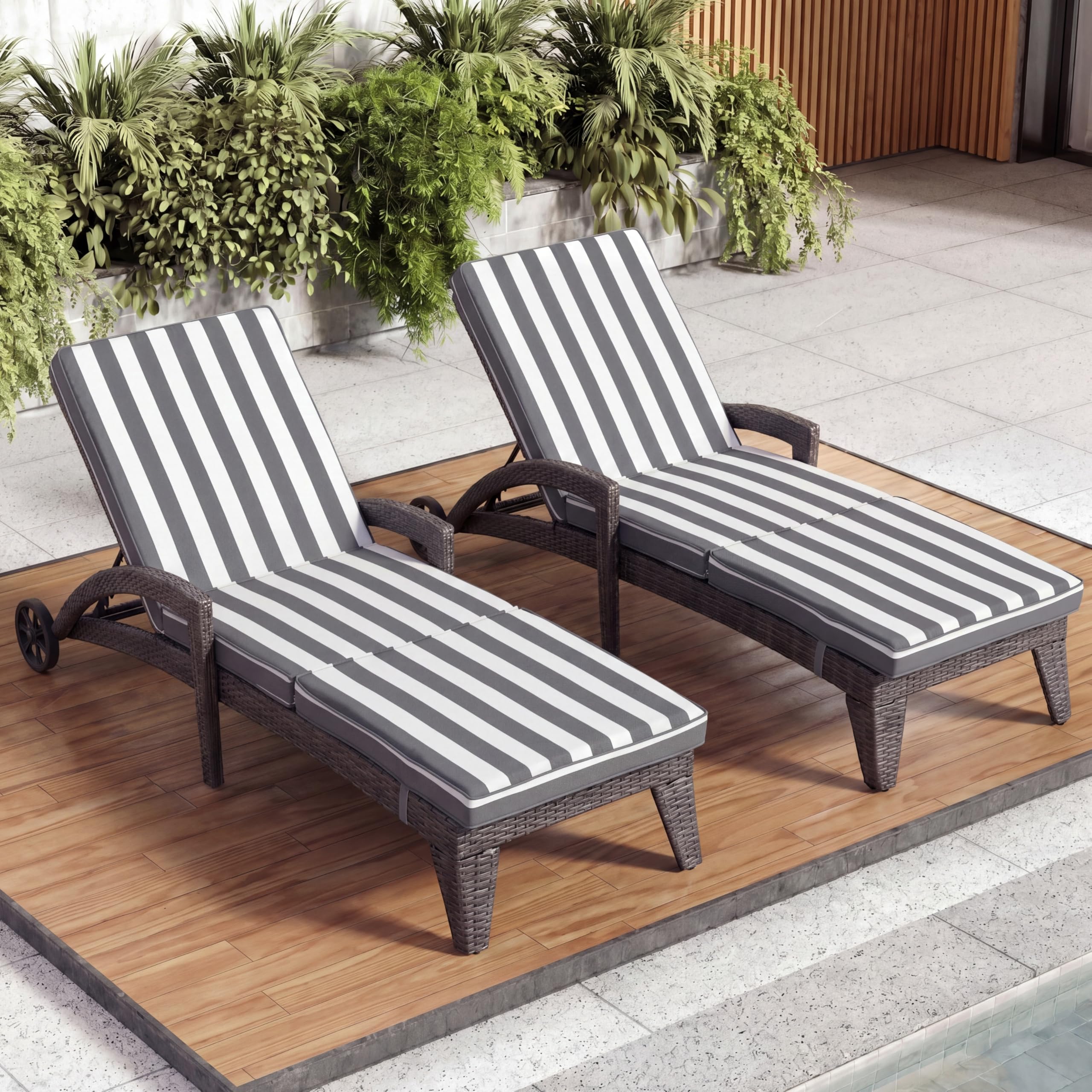 Patio Chaise Lounger Set of 2, Outdoor Lounger Patio Chairs, Heavy Duty Lounge Chairs Outdoor, Chaise Lounges for Resort, Backyard, Deck, Poolside, Garden, Grey Stripe