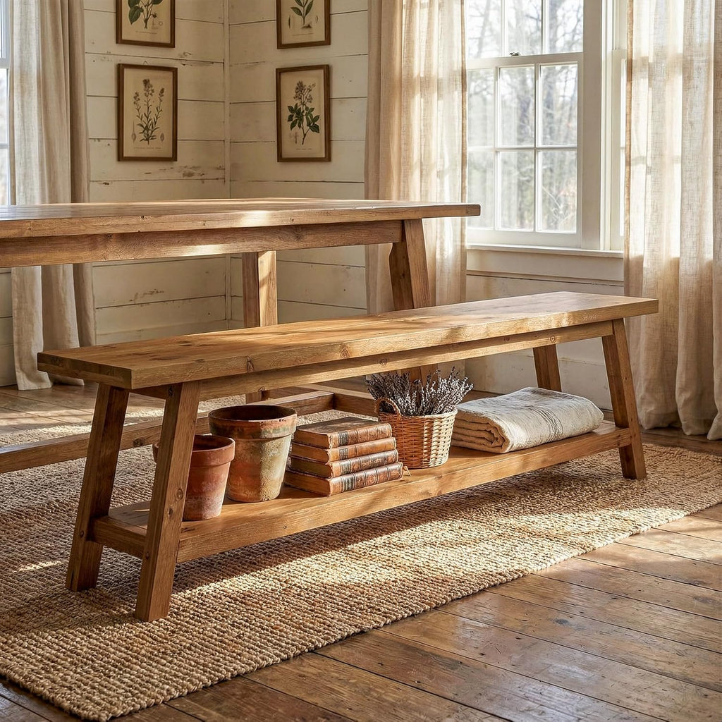 Farmhouse Storage Wood Dining Bench