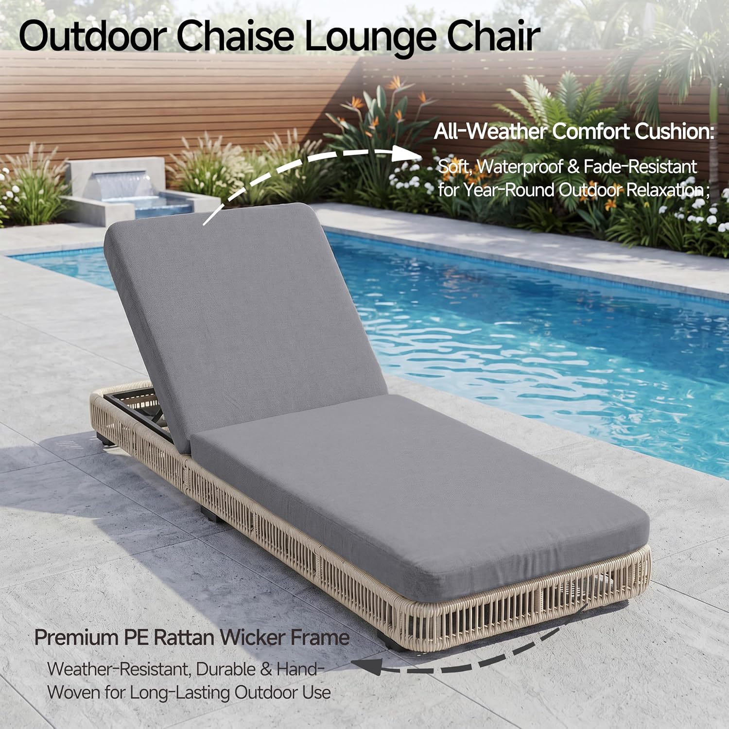 Beige Rattan Adjustable Pool Chaise Lounge