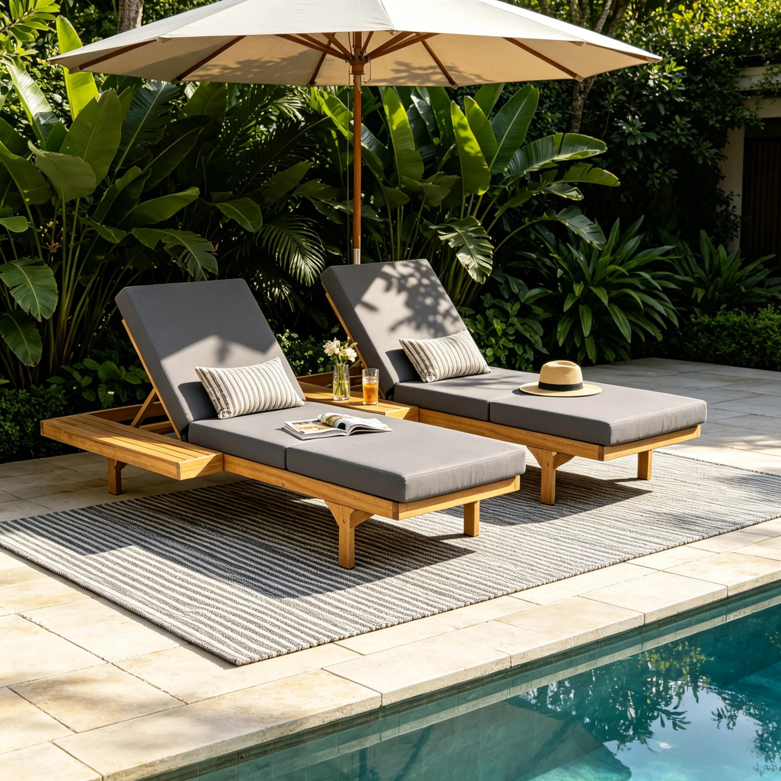 Outdoor Wicker Chaise Lounge Chairs Set of 2, 80'' Patio Rattan Reclining Chair w/Pull-Out Side Table &5-Level Adjustable Backrest Ergonomic Wave Design Pool Sunbathing Recliners, Gray