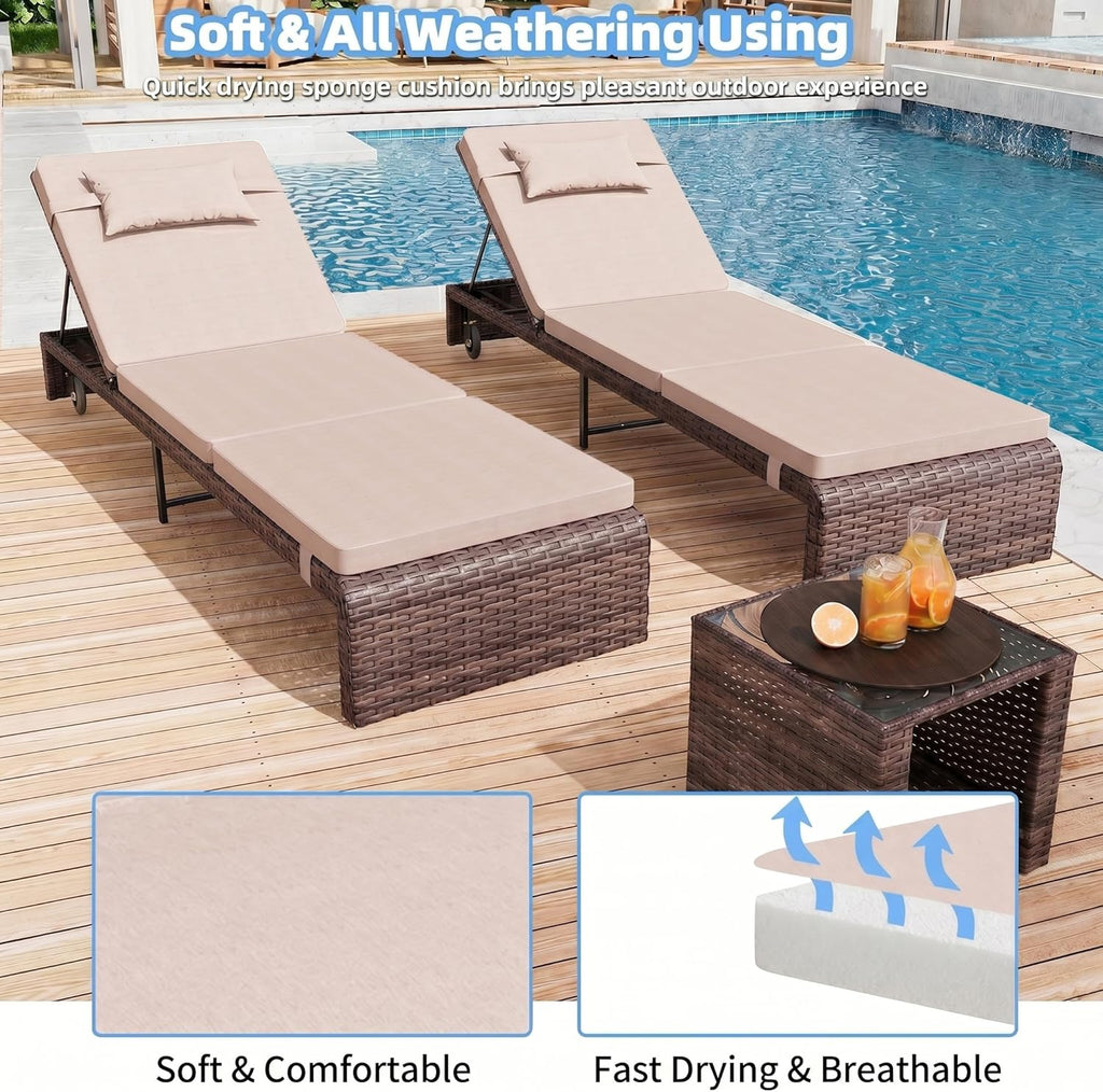 3 Pieces Chaise Lounge Set, Modern Outdoor Patio Furniture with Adjustable Backrest & Side Table, Durable PE Wicker, Weather Resistant Cushions, Beige
