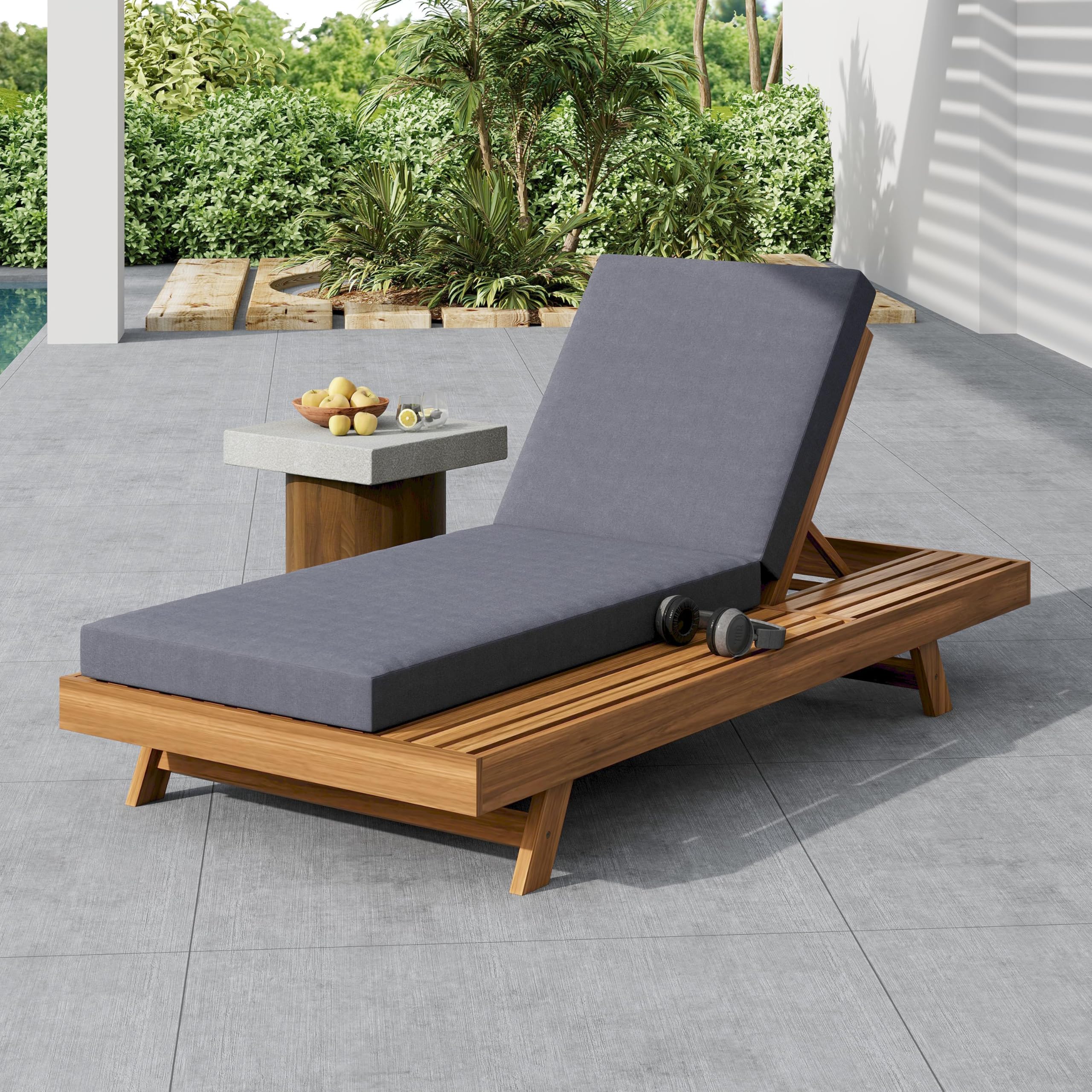 Outdoor Wicker Chaise Lounge Chairs Set of 2, 80'' Patio Rattan Reclining Chair w/Pull-Out Side Table &5-Level Adjustable Backrest Ergonomic Wave Design Pool Sunbathing Recliners, Gray
