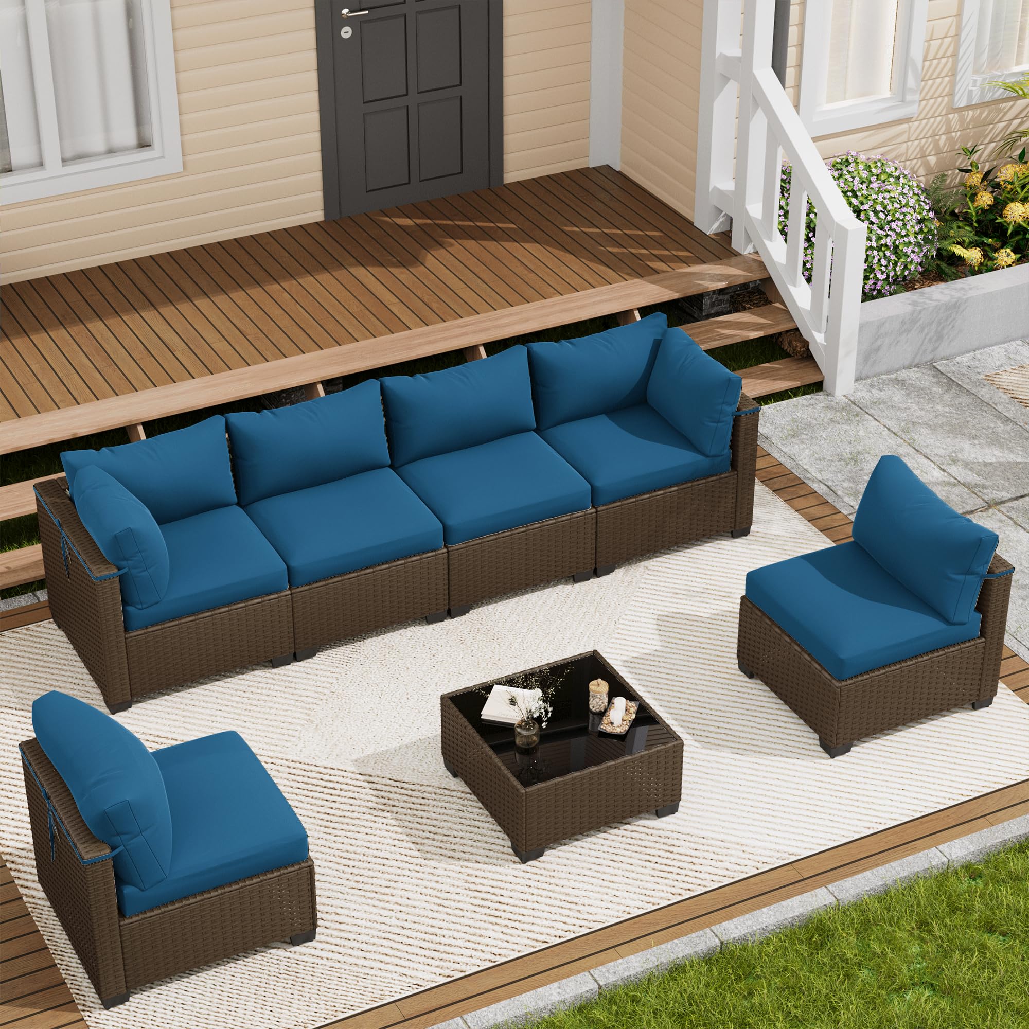 LOUVIXA 7 Piece Outdoor Patio Furniture Set, Rattan Chairs Glass Table Wicker Conversation Seating Sectional Sofa with Cushions (Brown-Navy, 7Pcs-2 Layer Coffee Table)