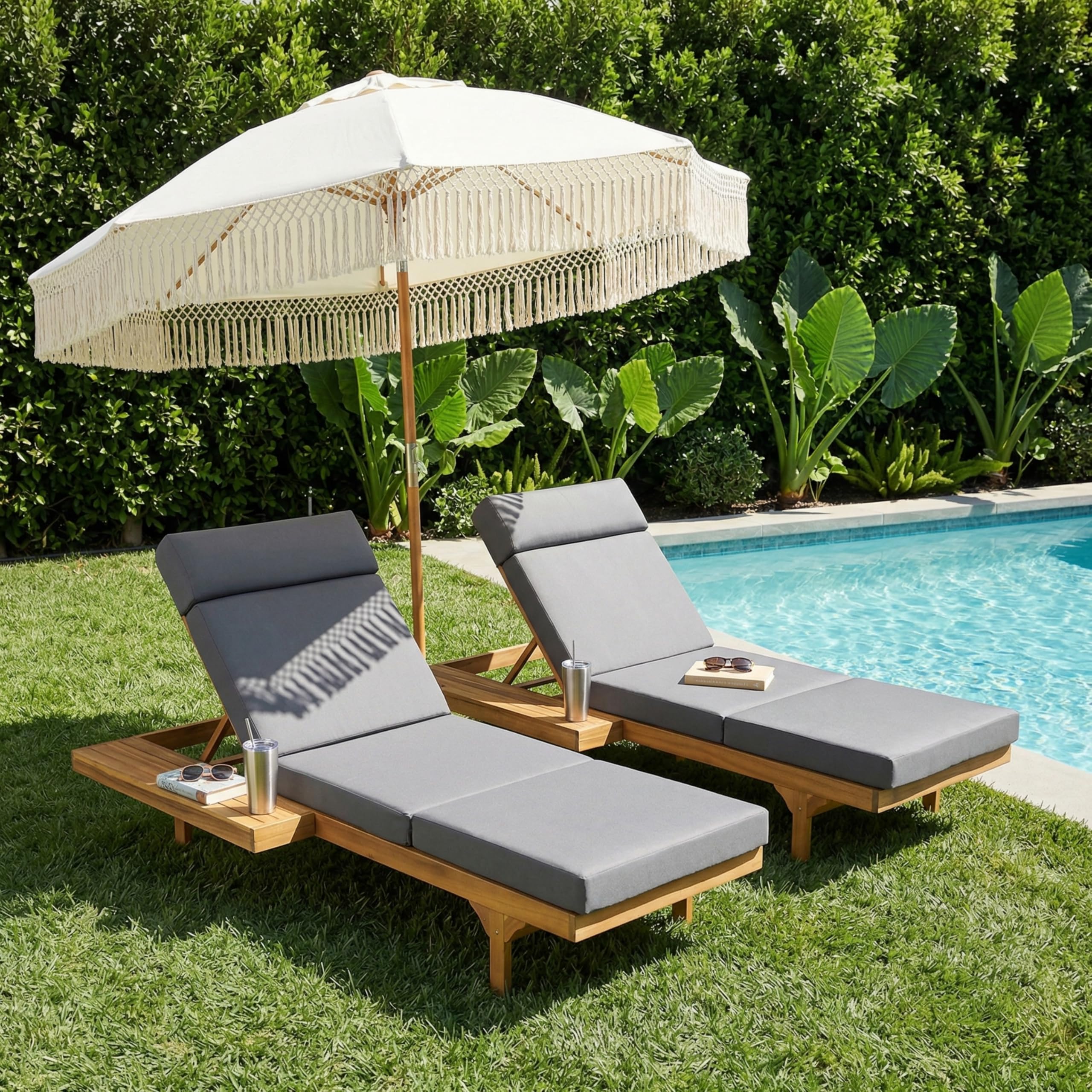 Outdoor Wicker Chaise Lounge Chairs Set of 2, 80'' Patio Rattan Reclining Chair w/Pull-Out Side Table &5-Level Adjustable Backrest Ergonomic Wave Design Pool Sunbathing Recliners, Gray