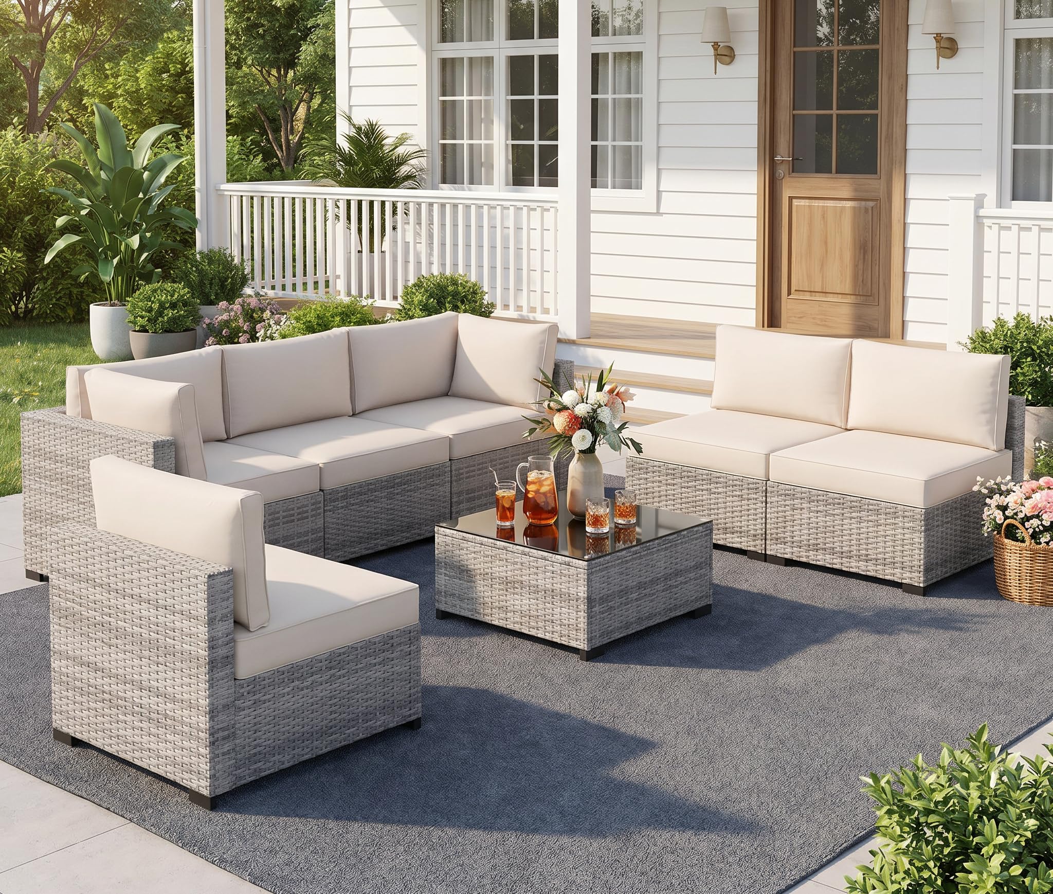 LOUVIXA 7 Piece Outdoor Patio Furniture Set, Rattan Chairs Glass Table Wicker Conversation Seating Sectional Sofa with Cushions (Brown-Navy, 7Pcs-2 Layer Coffee Table)