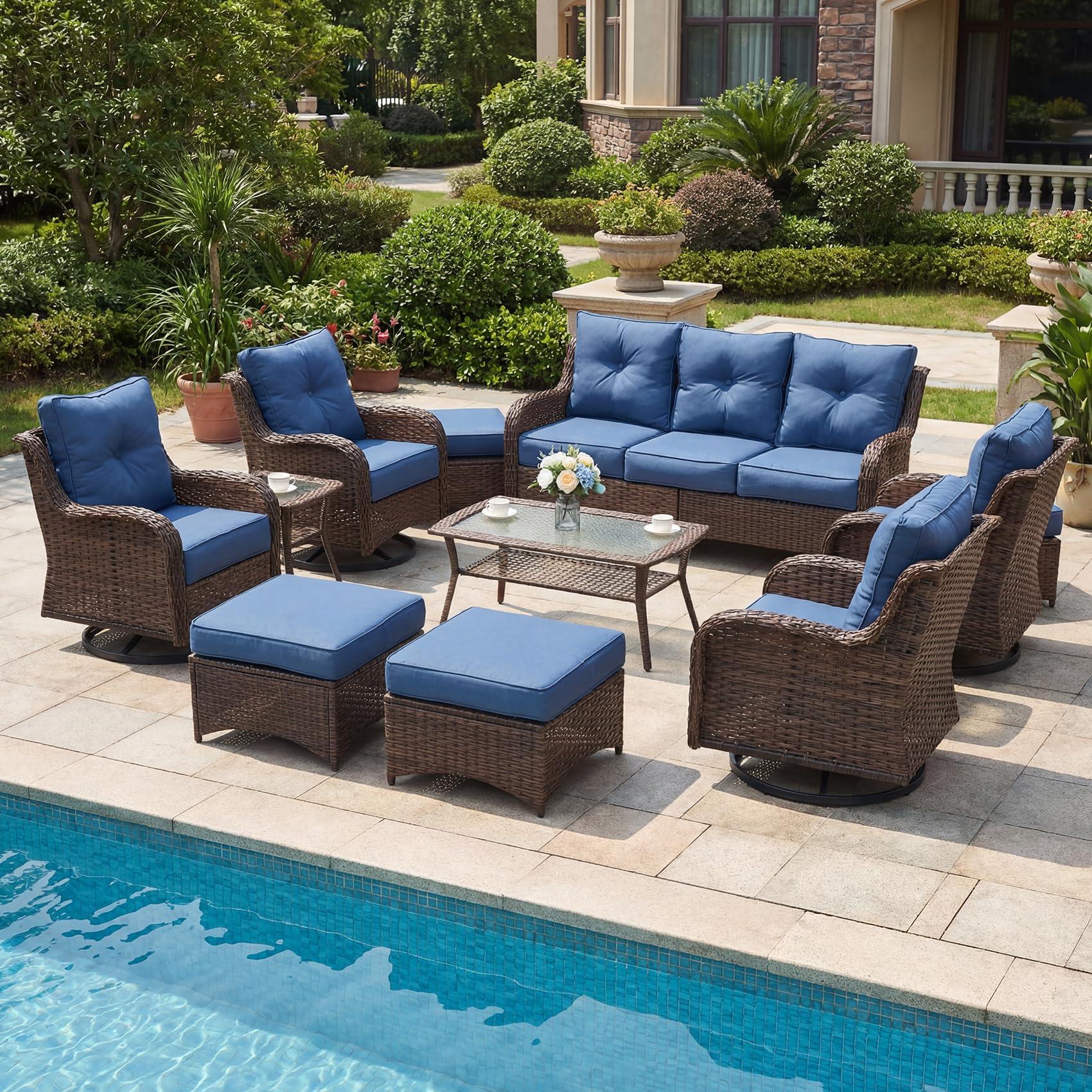 Patio Furniture Set, 3PCS Outdoor Wicker Conversation Set Porch Furniture with 6" Thick Cushions, High Back Swivel Chairs, Weather Resistant Olefin Fabric for Garden, Poolside, Navy Blue