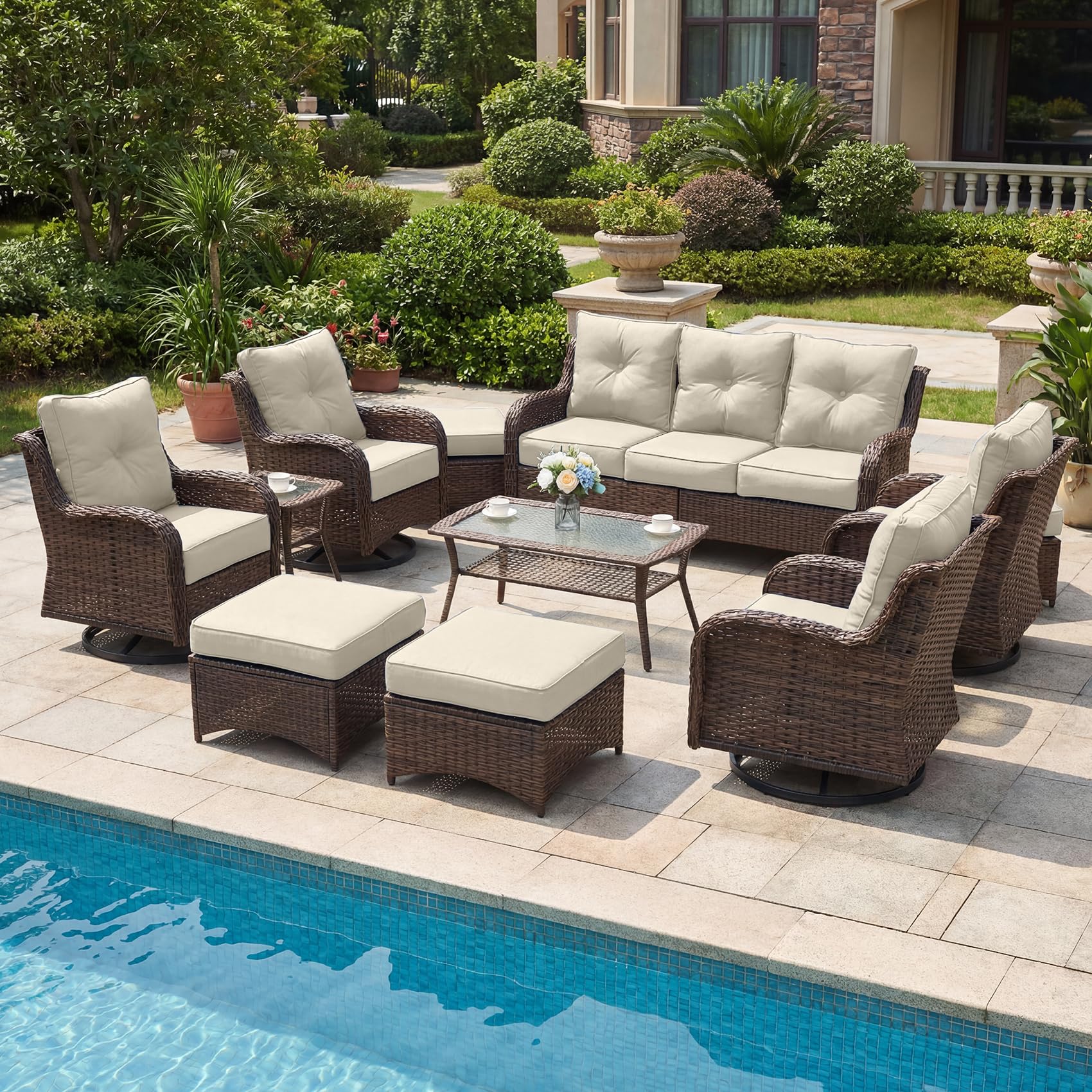 Patio Furniture Set, 3PCS Outdoor Wicker Conversation Set Porch Furniture with 6" Thick Cushions, High Back Swivel Chairs, Weather Resistant Olefin Fabric for Garden, Poolside, Navy Blue