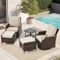 Beige 5-Piece Wicker Swivel Glider Patio Set with Side Table & Ottomans