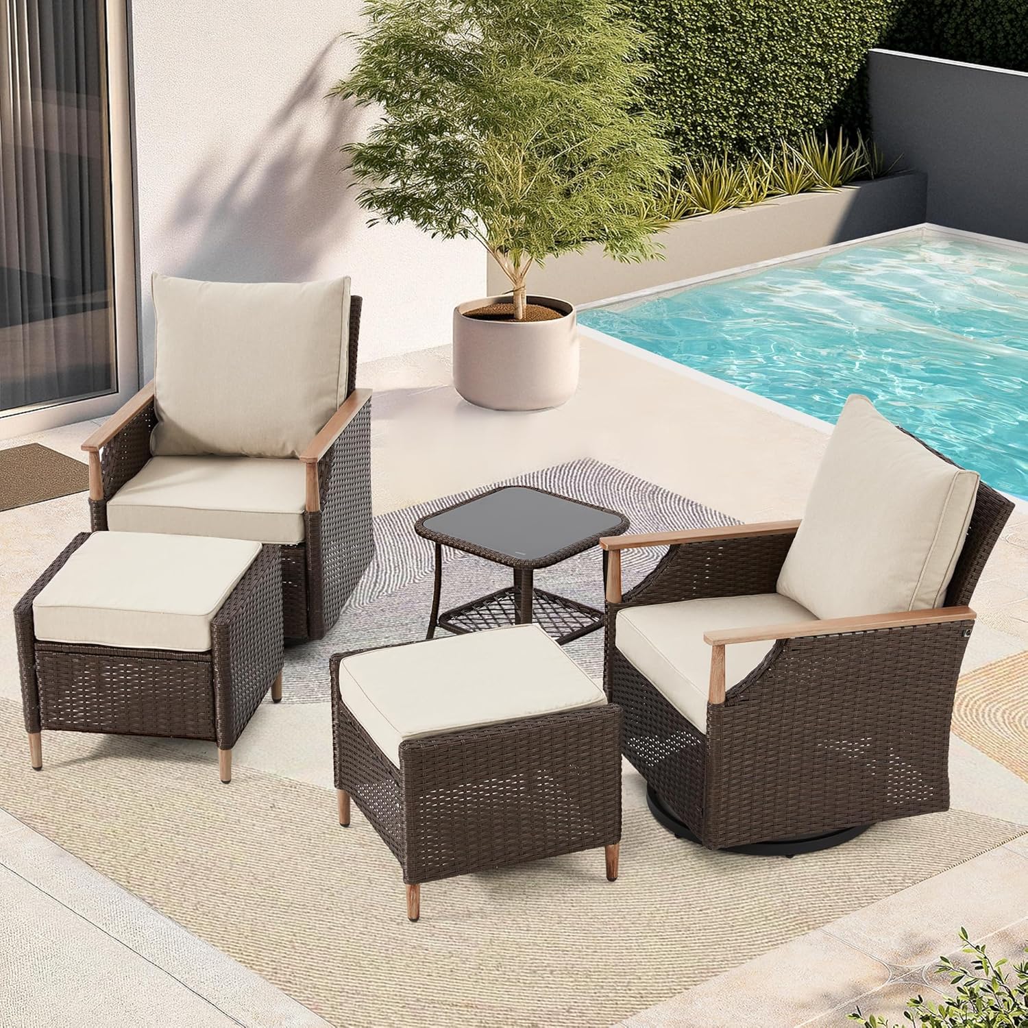 Beige 5-Piece Wicker Swivel Glider Patio Set with Side Table & Ottomans