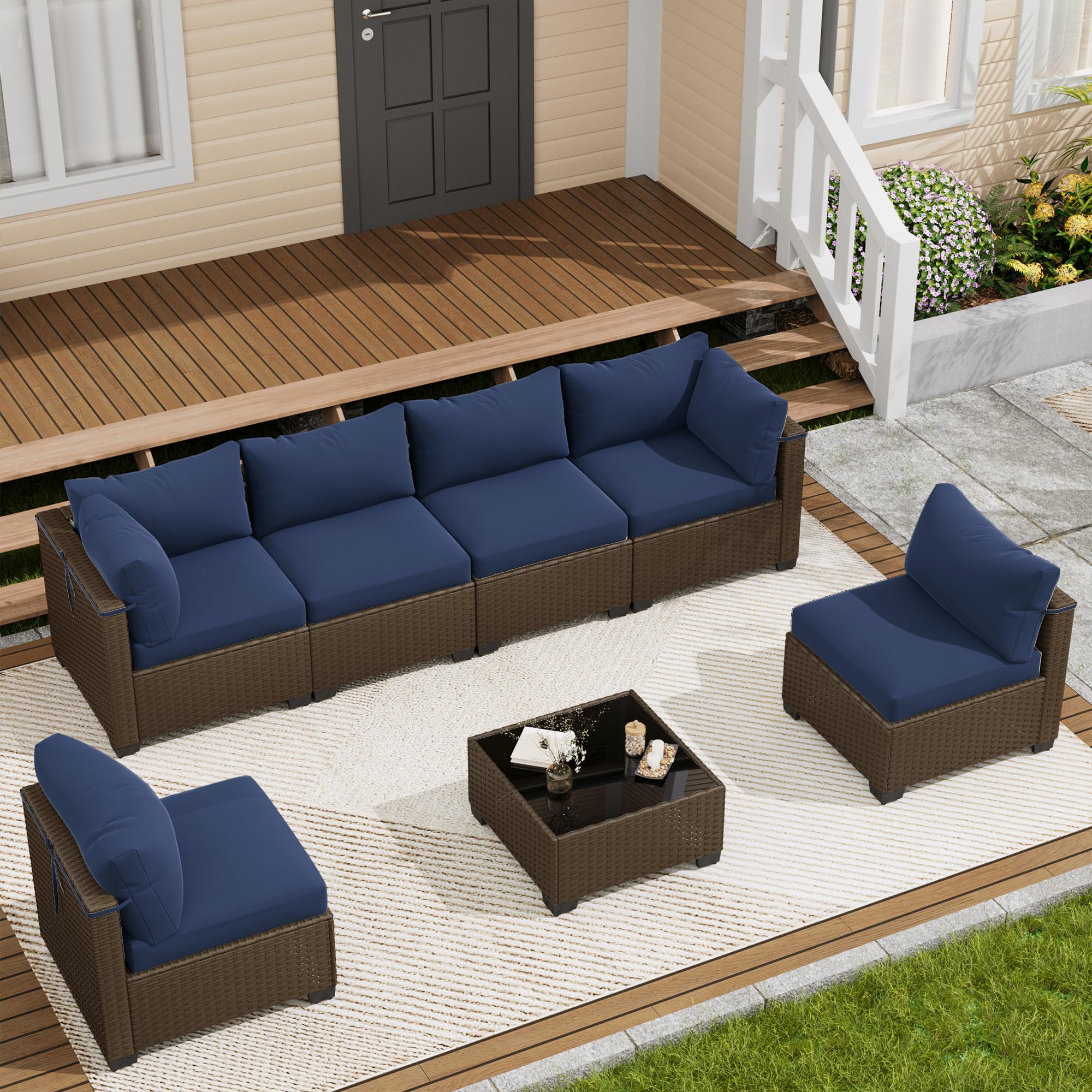 LOUVIXA 7 Piece Outdoor Patio Furniture Set, Rattan Chairs Glass Table Wicker Conversation Seating Sectional Sofa with Cushions (Brown-Navy, 7Pcs-2 Layer Coffee Table)