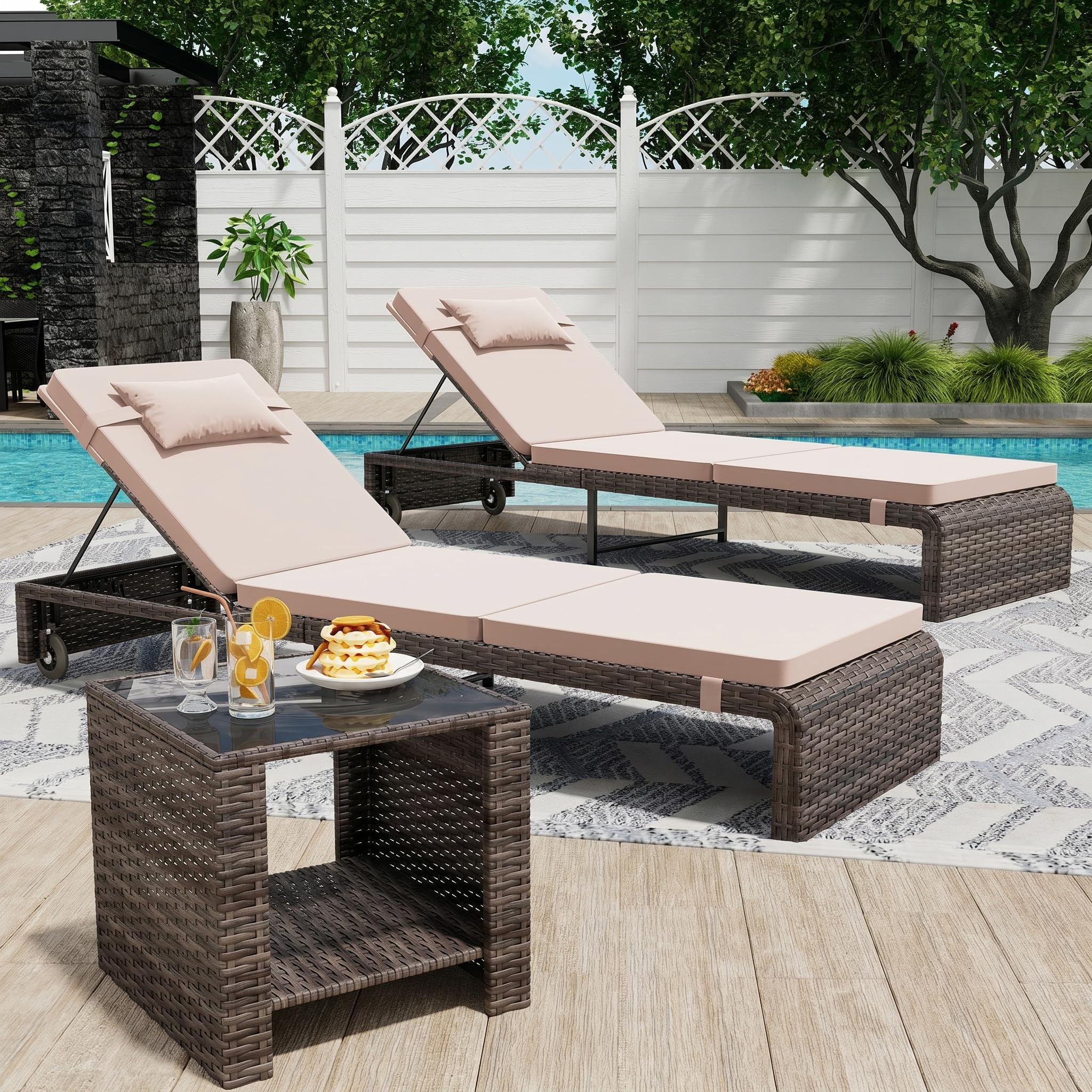 3 Pieces Chaise Lounge Set, Modern Outdoor Patio Furniture with Adjustable Backrest & Side Table, Durable PE Wicker, Weather Resistant Cushions, Beige
