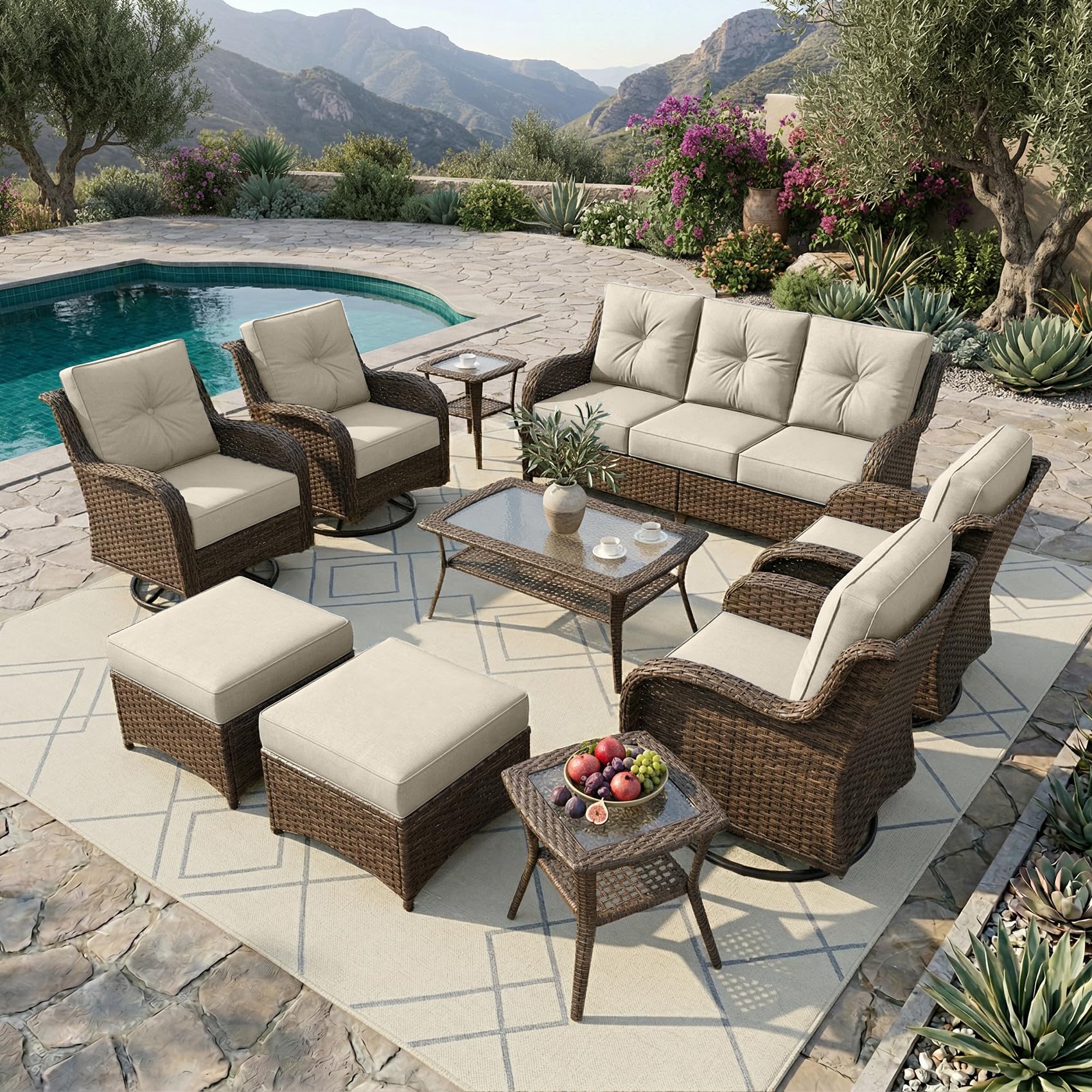 Patio Furniture Set, 3PCS Outdoor Wicker Conversation Set Porch Furniture with 6" Thick Cushions, High Back Swivel Chairs, Weather Resistant Olefin Fabric for Garden, Poolside, Navy Blue