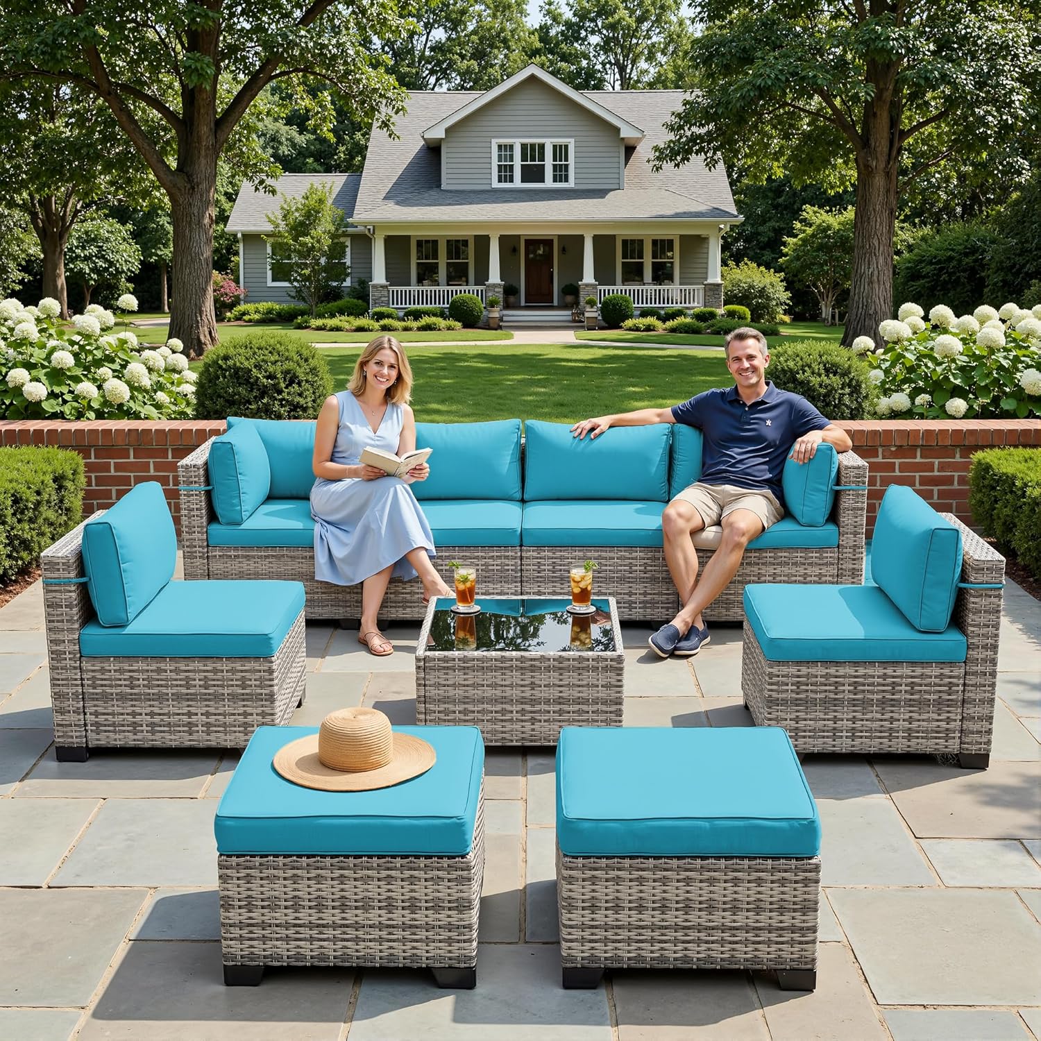 Lake Blue 9pc Wicker Patio Set