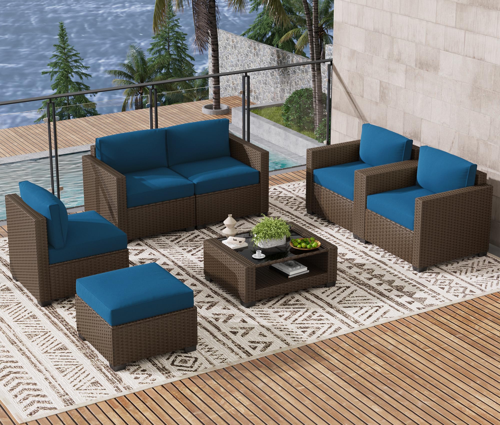 LOUVIXA 7 Piece Outdoor Patio Furniture Set, Rattan Chairs Glass Table Wicker Conversation Seating Sectional Sofa with Cushions (Brown-Navy, 7Pcs-2 Layer Coffee Table)