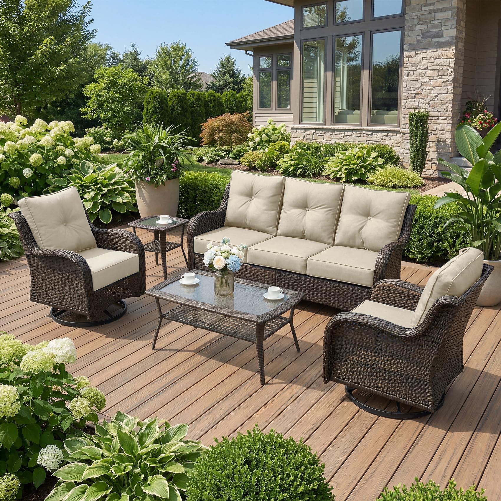 Patio Furniture Set, 3PCS Outdoor Wicker Conversation Set Porch Furniture with 6" Thick Cushions, High Back Swivel Chairs, Weather Resistant Olefin Fabric for Garden, Poolside, Navy Blue