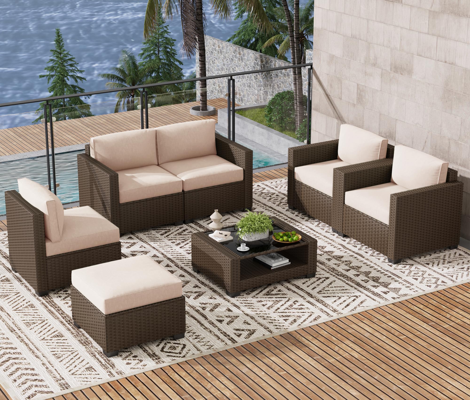 LOUVIXA 7 Piece Outdoor Patio Furniture Set, Rattan Chairs Glass Table Wicker Conversation Seating Sectional Sofa with Cushions (Brown-Navy, 7Pcs-2 Layer Coffee Table)