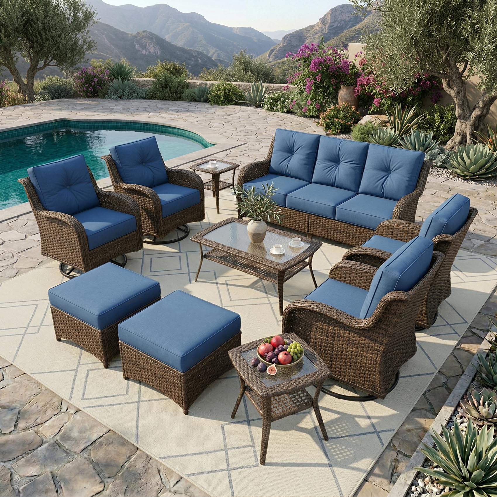 Patio Furniture Set, 3PCS Outdoor Wicker Conversation Set Porch Furniture with 6" Thick Cushions, High Back Swivel Chairs, Weather Resistant Olefin Fabric for Garden, Poolside, Navy Blue