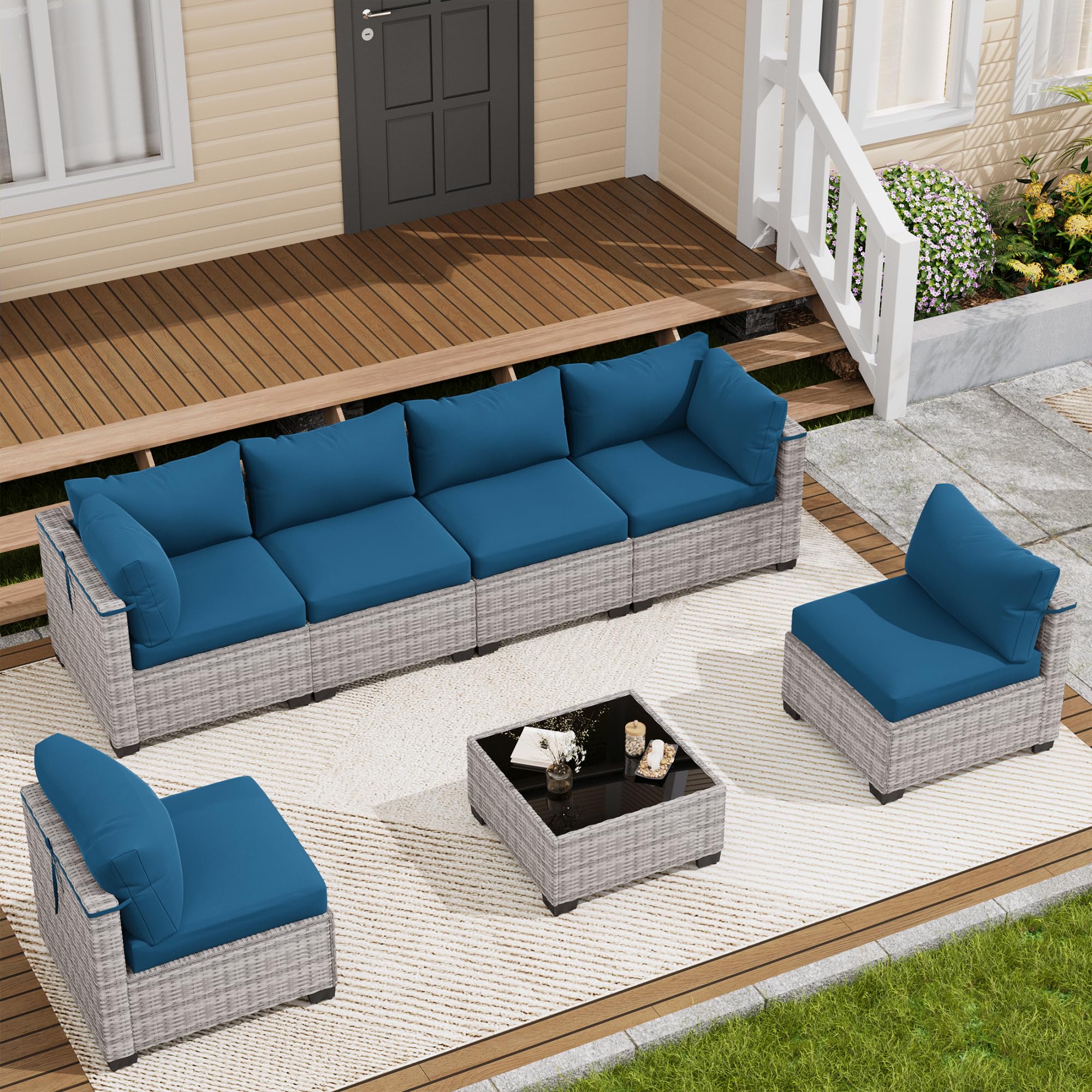 LOUVIXA 7 Piece Outdoor Patio Furniture Set, Rattan Chairs Glass Table Wicker Conversation Seating Sectional Sofa with Cushions (Brown-Navy, 7Pcs-2 Layer Coffee Table)