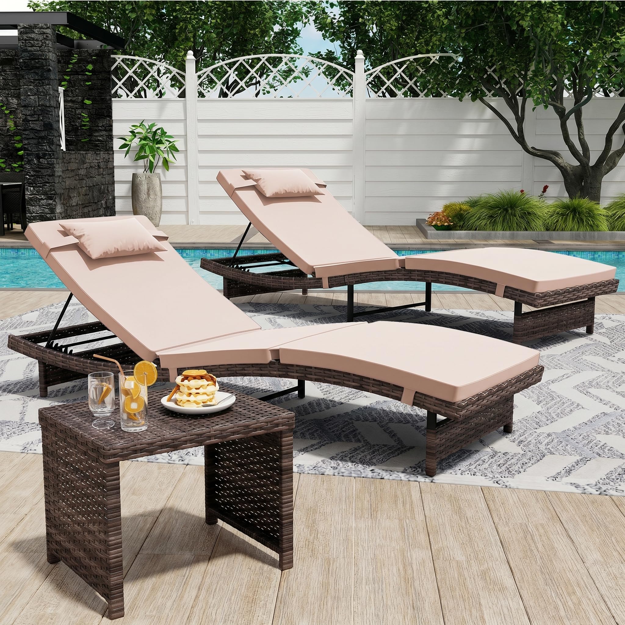 3 Pieces Chaise Lounge Set, Modern Outdoor Patio Furniture with Adjustable Backrest & Side Table, Durable PE Wicker, Weather Resistant Cushions, Beige