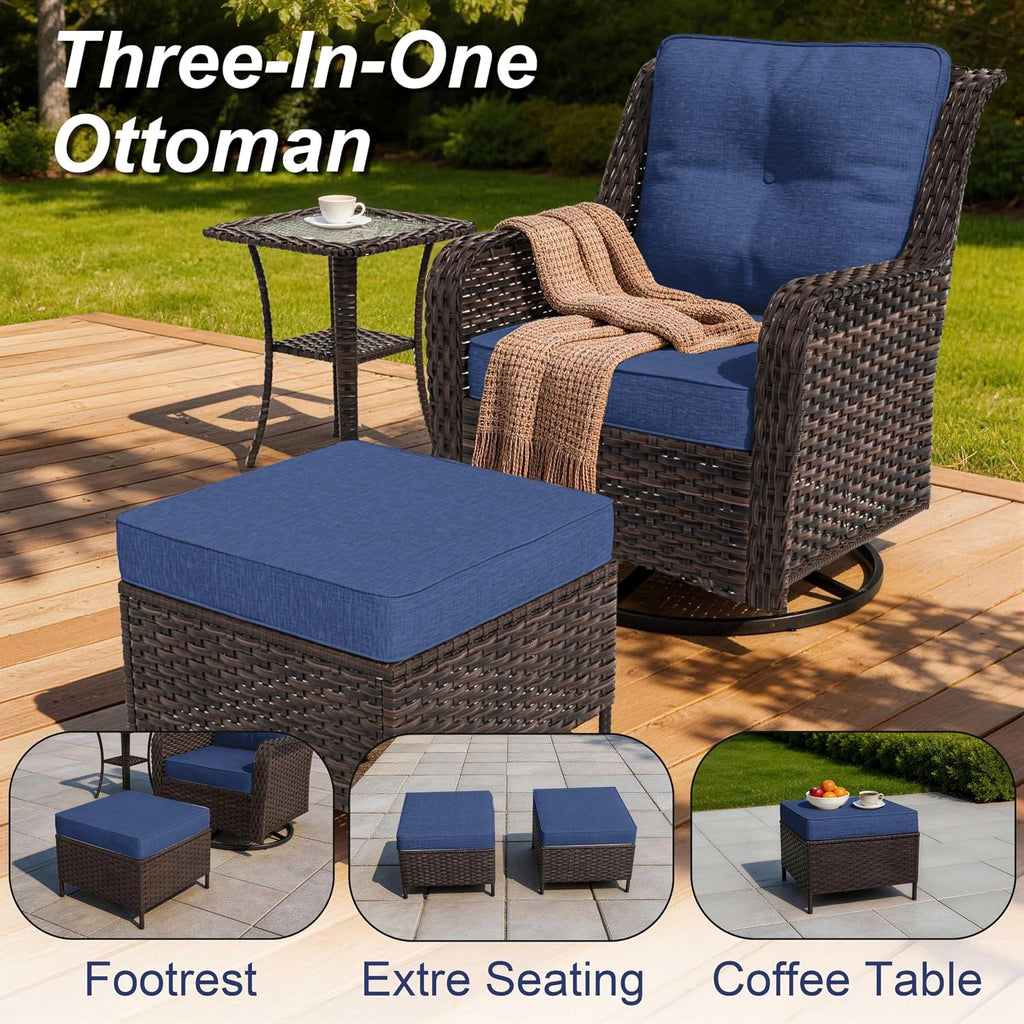 Dark Blue 8-Piece Wicker Patio Sectional Set with Swivel Chairs