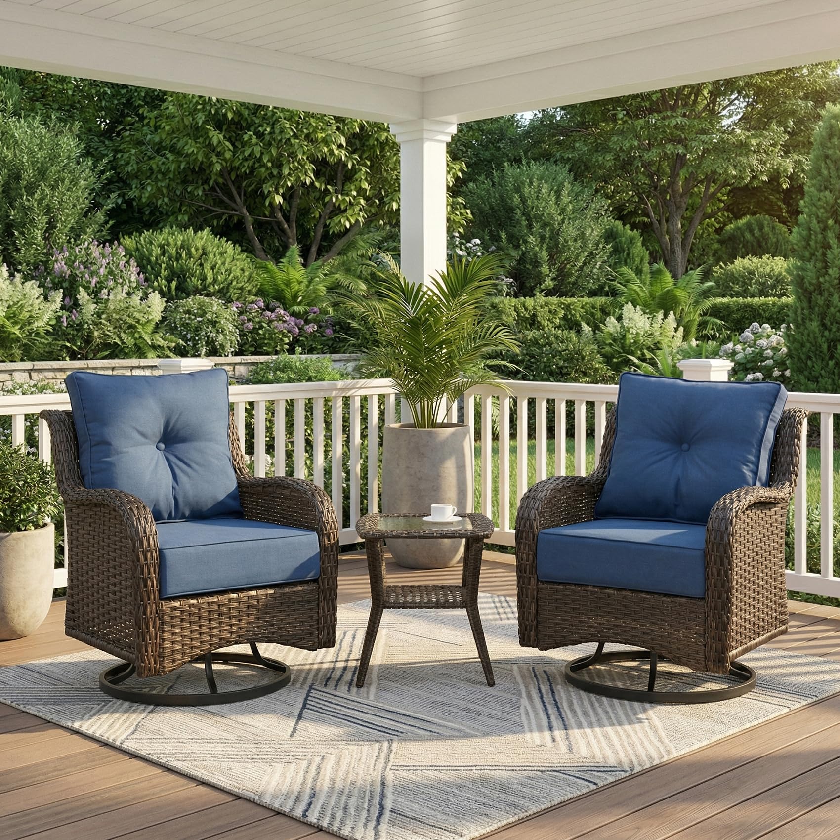Patio Furniture Set, 3PCS Outdoor Wicker Conversation Set Porch Furniture with 6" Thick Cushions, High Back Swivel Chairs, Weather Resistant Olefin Fabric for Garden, Poolside, Navy Blue