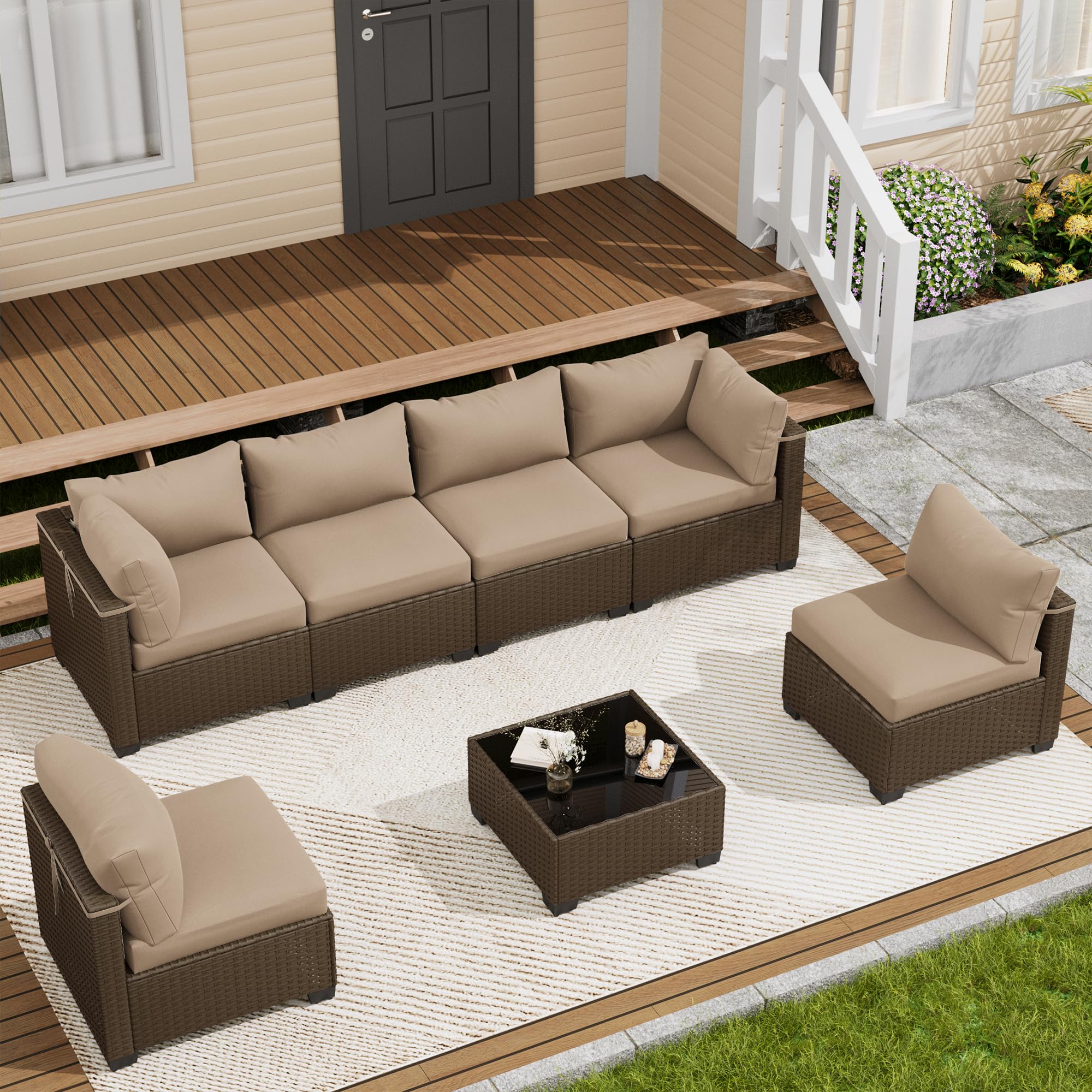 LOUVIXA 7 Piece Outdoor Patio Furniture Set, Rattan Chairs Glass Table Wicker Conversation Seating Sectional Sofa with Cushions (Brown-Navy, 7Pcs-2 Layer Coffee Table)