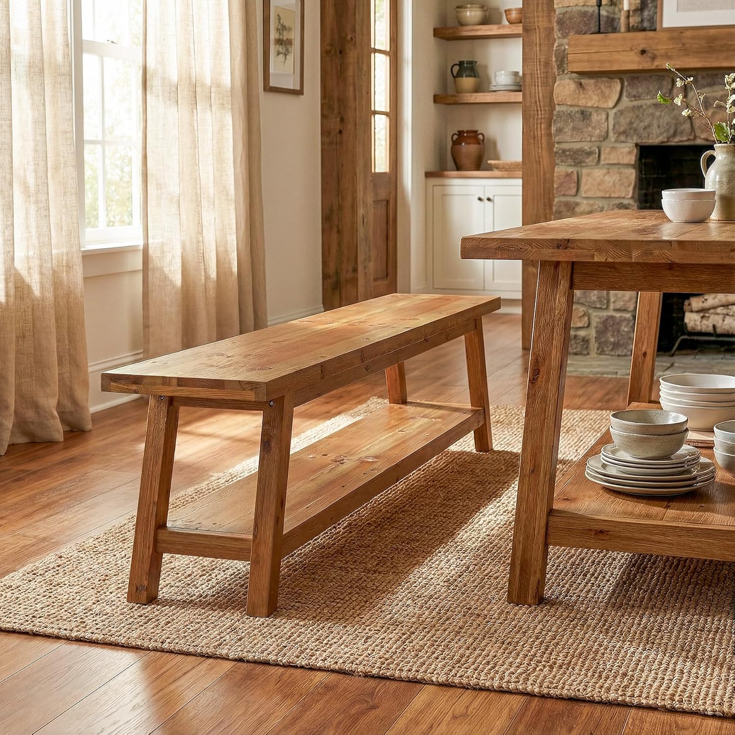 Farmhouse Storage Wood Dining Bench