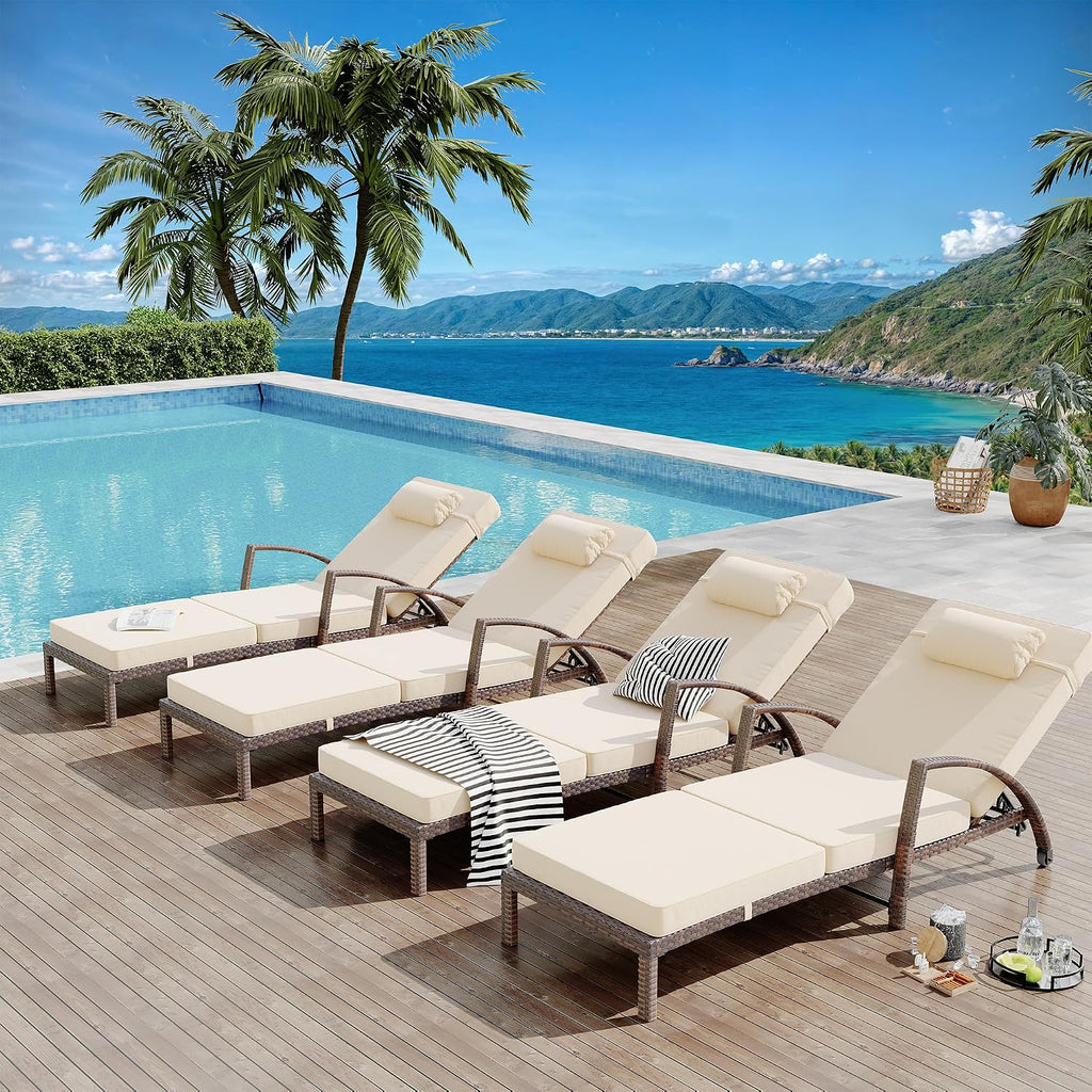 2 Beige Wicker Adjustable Pool Chaise Lounges