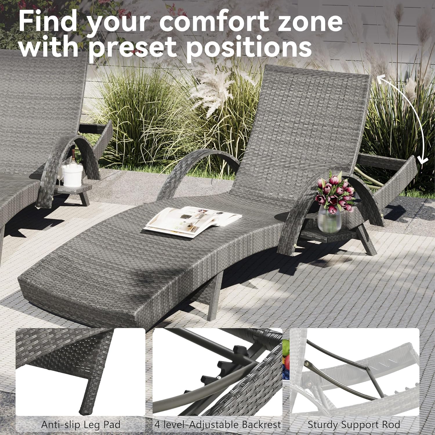 Set of 2 Reclining Chaise Lounge with Pull-Out Side Table, 80'' Outdoor Wicker Lounge Chairs Adjustable Backrest Patio Rattan Recliner for Garden Pool Beach Deck Sunbathing (Grey)