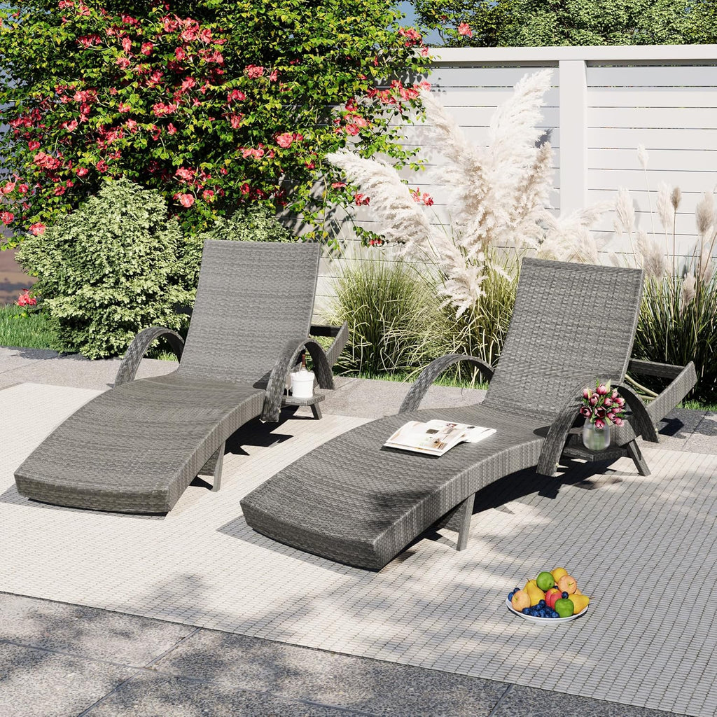 Set of 2 Reclining Chaise Lounge with Pull-Out Side Table, 80'' Outdoor Wicker Lounge Chairs Adjustable Backrest Patio Rattan Recliner for Garden Pool Beach Deck Sunbathing (Grey)