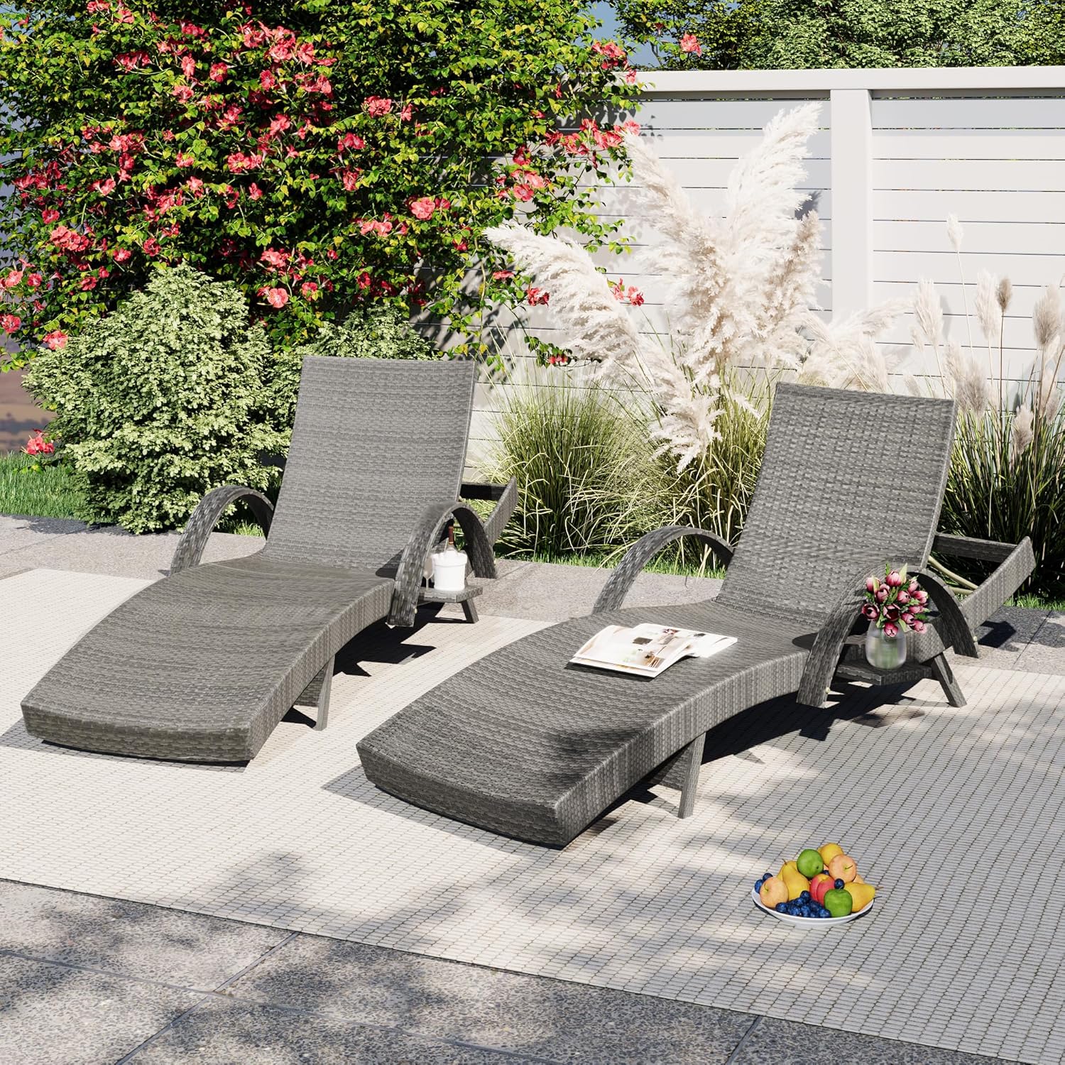 Set of 2 Reclining Chaise Lounge with Pull-Out Side Table, 80'' Outdoor Wicker Lounge Chairs Adjustable Backrest Patio Rattan Recliner for Garden Pool Beach Deck Sunbathing (Grey)