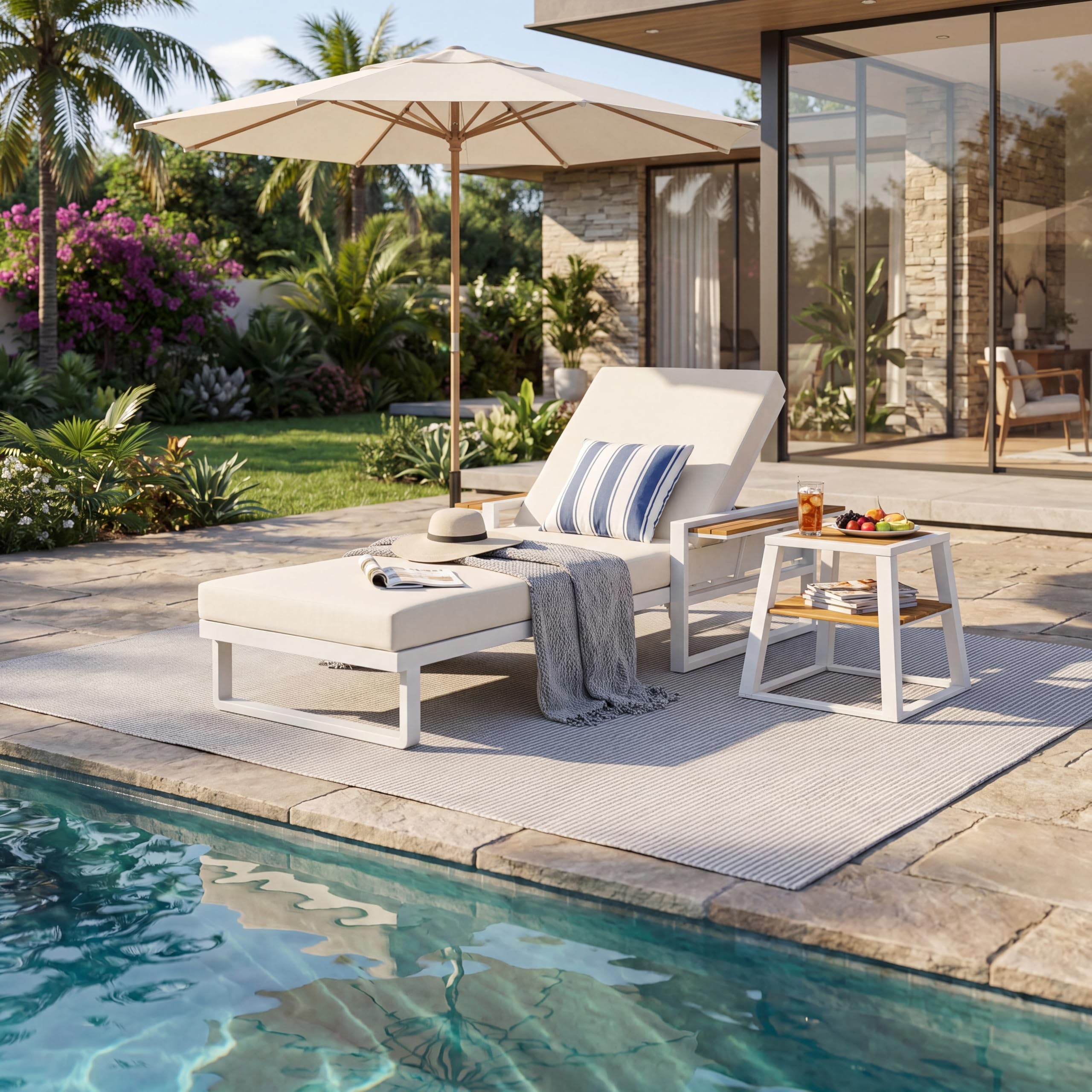 Outdoor Wicker Chaise Lounge Chairs Set of 2, 80'' Patio Rattan Reclining Chair w/Pull-Out Side Table &5-Level Adjustable Backrest Ergonomic Wave Design Pool Sunbathing Recliners, Gray