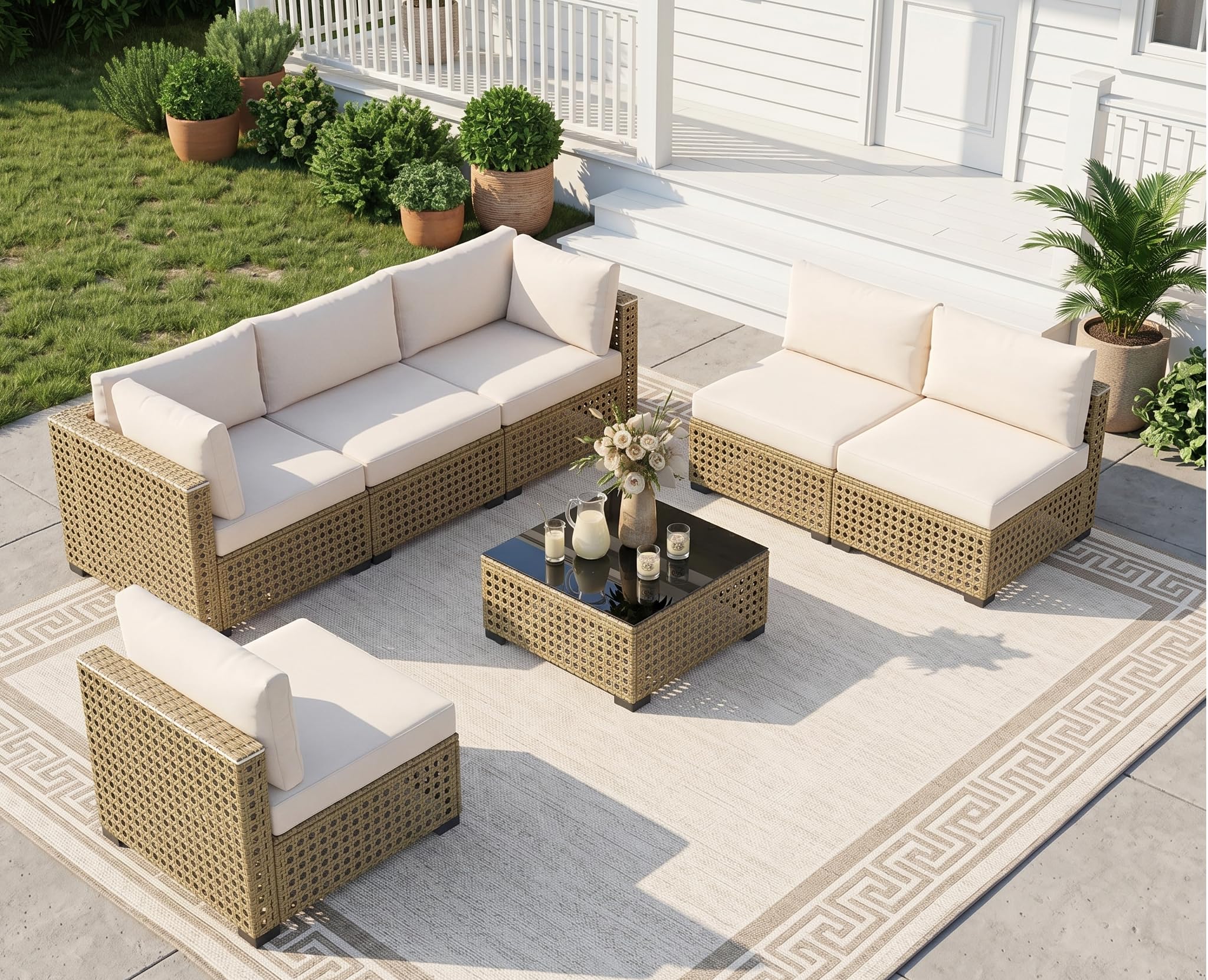 LOUVIXA 7 Piece Outdoor Patio Furniture Set, Rattan Chairs Glass Table Wicker Conversation Seating Sectional Sofa with Cushions (Brown-Navy, 7Pcs-2 Layer Coffee Table)