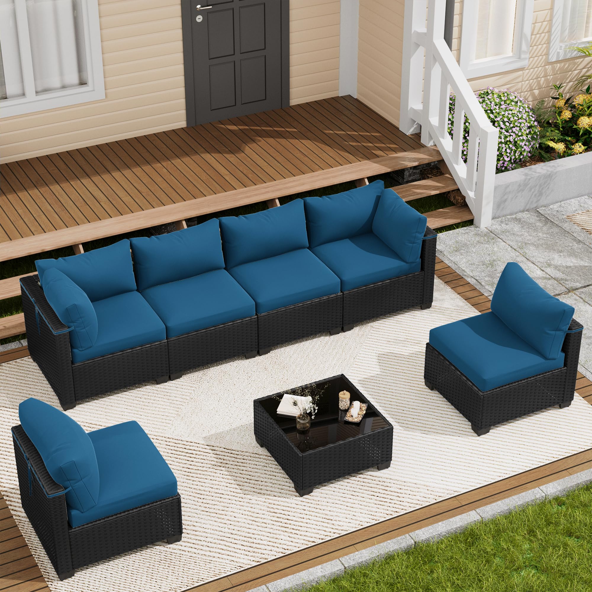 LOUVIXA 7 Piece Outdoor Patio Furniture Set, Rattan Chairs Glass Table Wicker Conversation Seating Sectional Sofa with Cushions (Brown-Navy, 7Pcs-2 Layer Coffee Table)