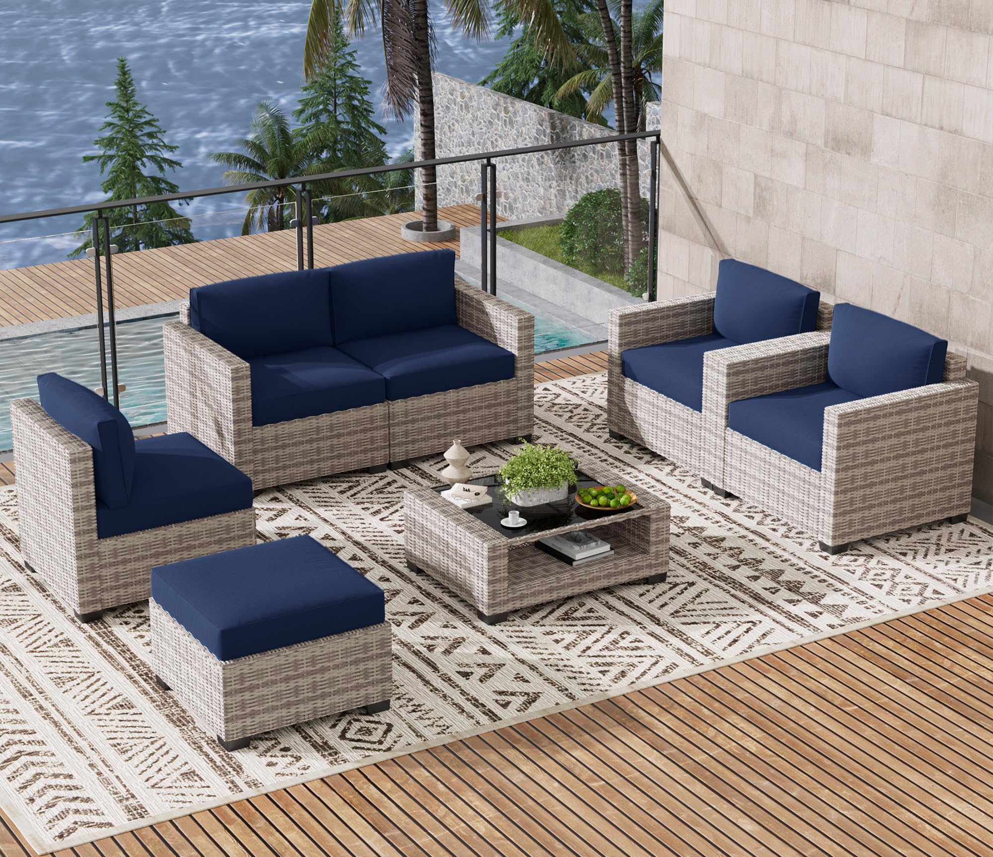 LOUVIXA 7 Piece Outdoor Patio Furniture Set, Rattan Chairs Glass Table Wicker Conversation Seating Sectional Sofa with Cushions (Brown-Navy, 7Pcs-2 Layer Coffee Table)