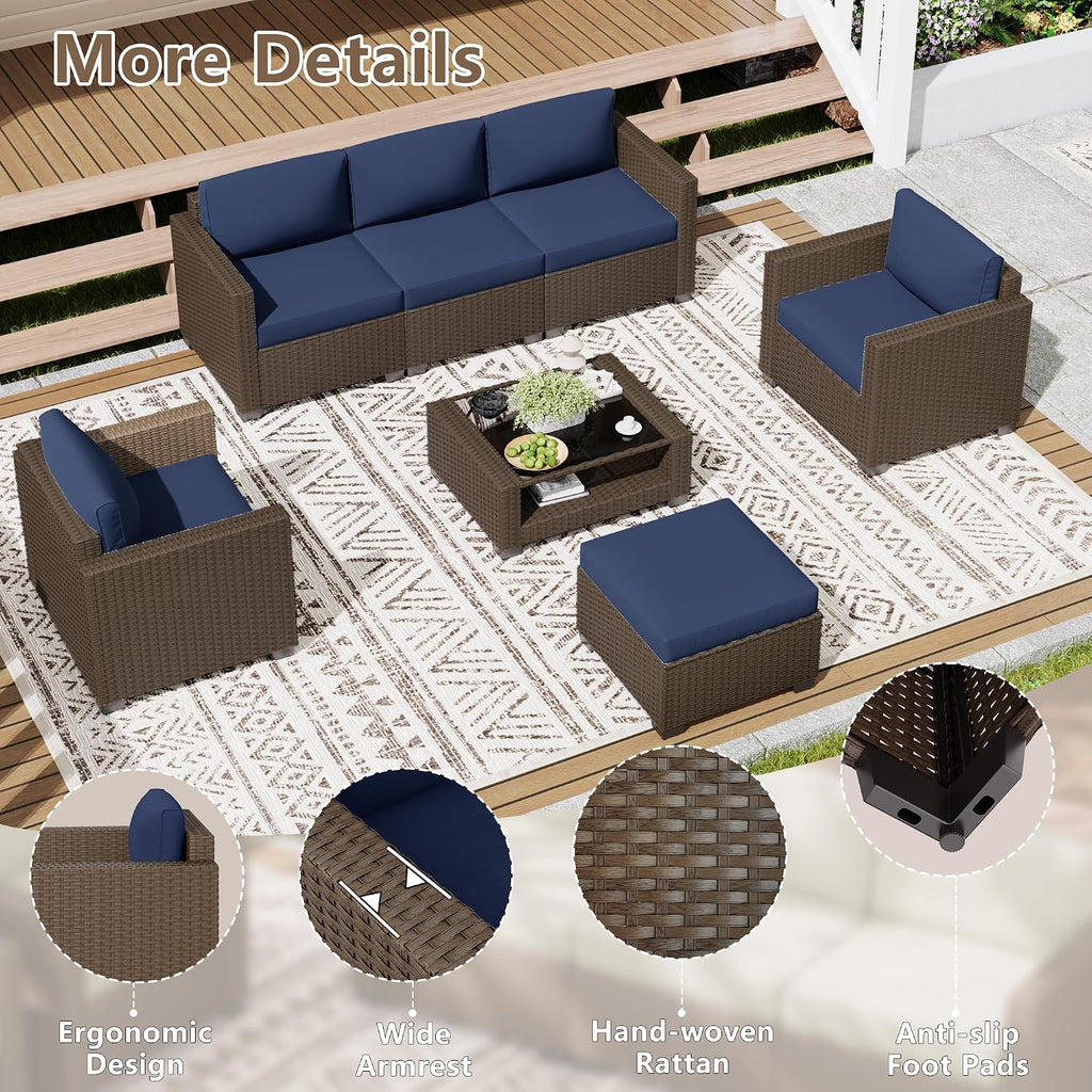 LOUVIXA 7 Piece Outdoor Patio Furniture Set, Rattan Chairs Glass Table Wicker Conversation Seating Sectional Sofa with Cushions (Brown-Navy, 7Pcs-2 Layer Coffee Table)