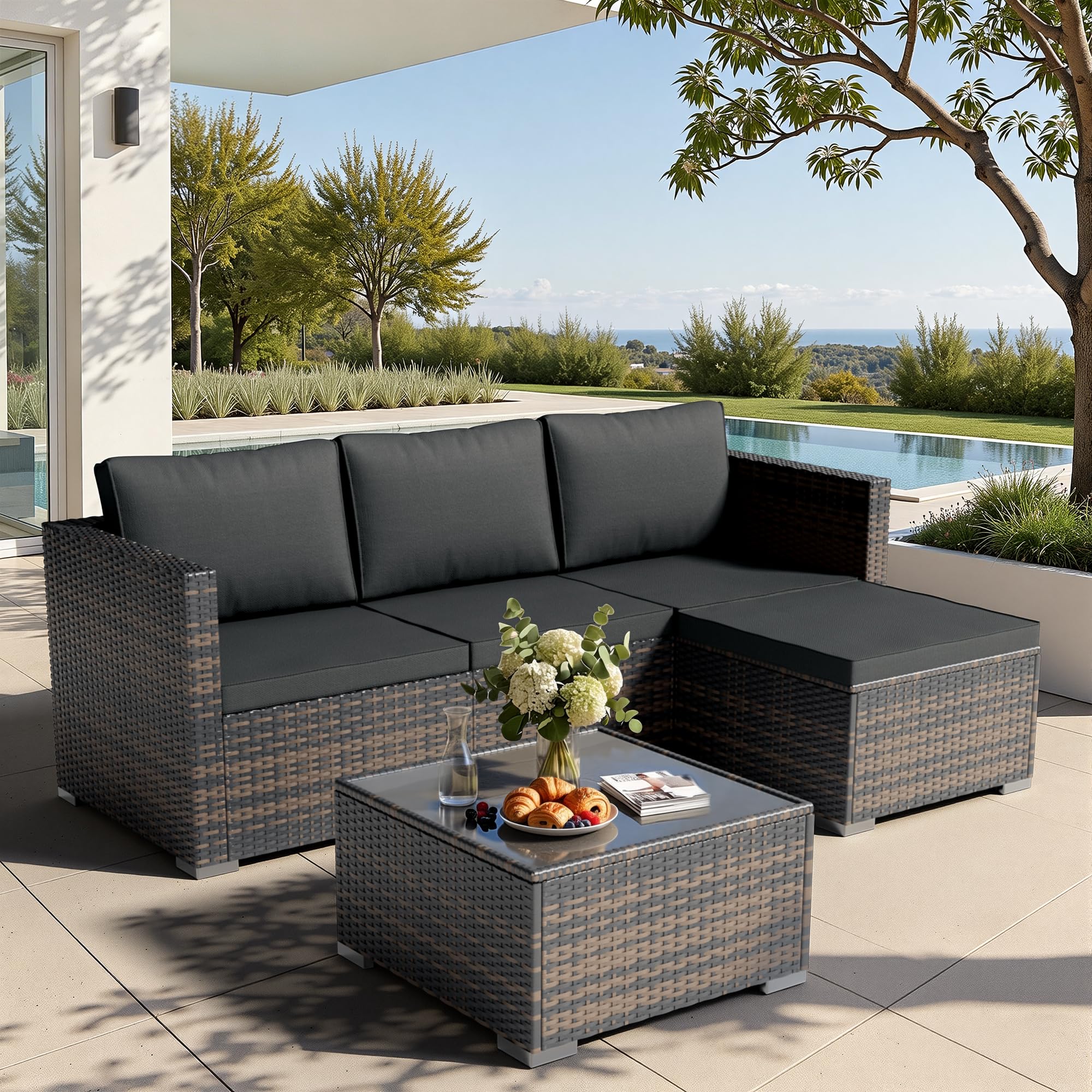 WWR Patio Furniture Set 5 Piece - Wide Armrests - All-Weather Wicker Rattan Outdoor Conversation Couch Sets, Modular Sectional Sofa for Garden, Patio, Poolside, Backyard, Balcony, Porch