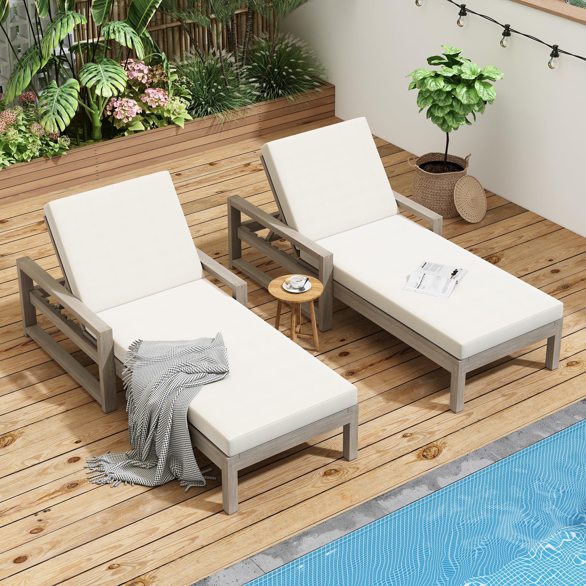 Outdoor Wicker Chaise Lounge Chairs Set of 2, 80'' Patio Rattan Reclining Chair w/Pull-Out Side Table &5-Level Adjustable Backrest Ergonomic Wave Design Pool Sunbathing Recliners, Gray