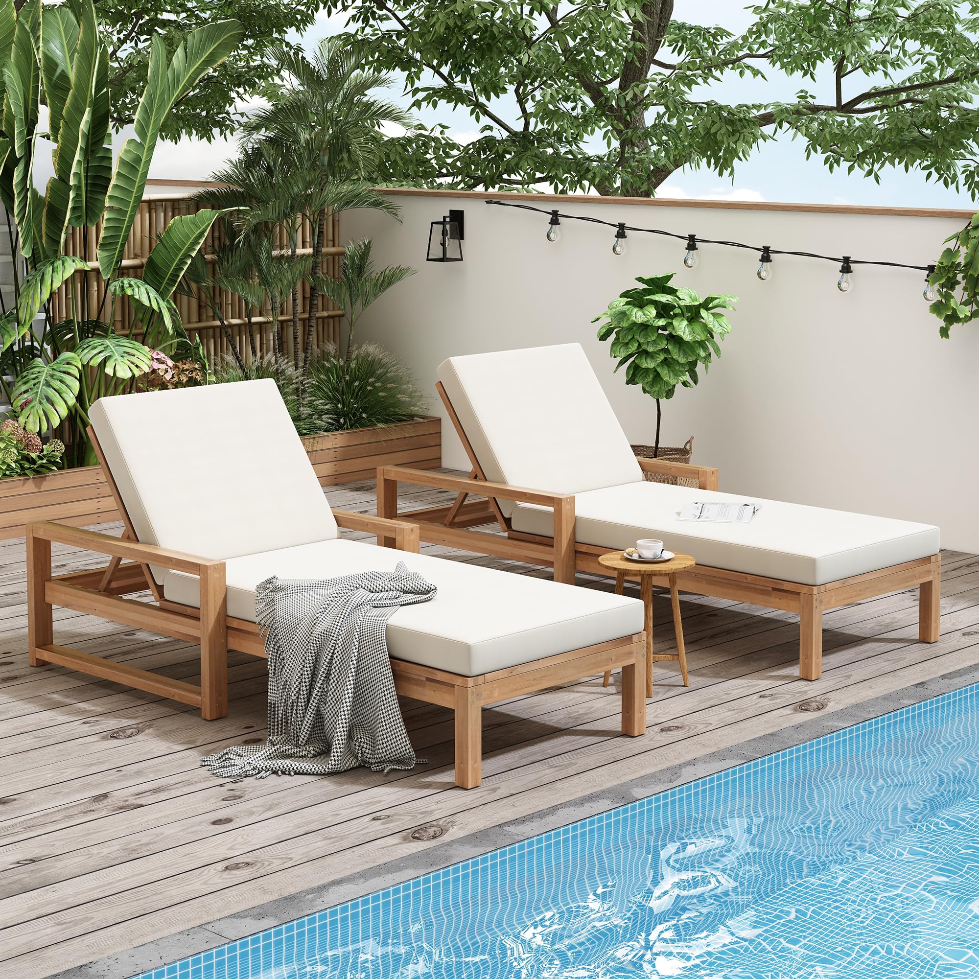 Outdoor Wicker Chaise Lounge Chairs Set of 2, 80'' Patio Rattan Reclining Chair w/Pull-Out Side Table &5-Level Adjustable Backrest Ergonomic Wave Design Pool Sunbathing Recliners, Gray