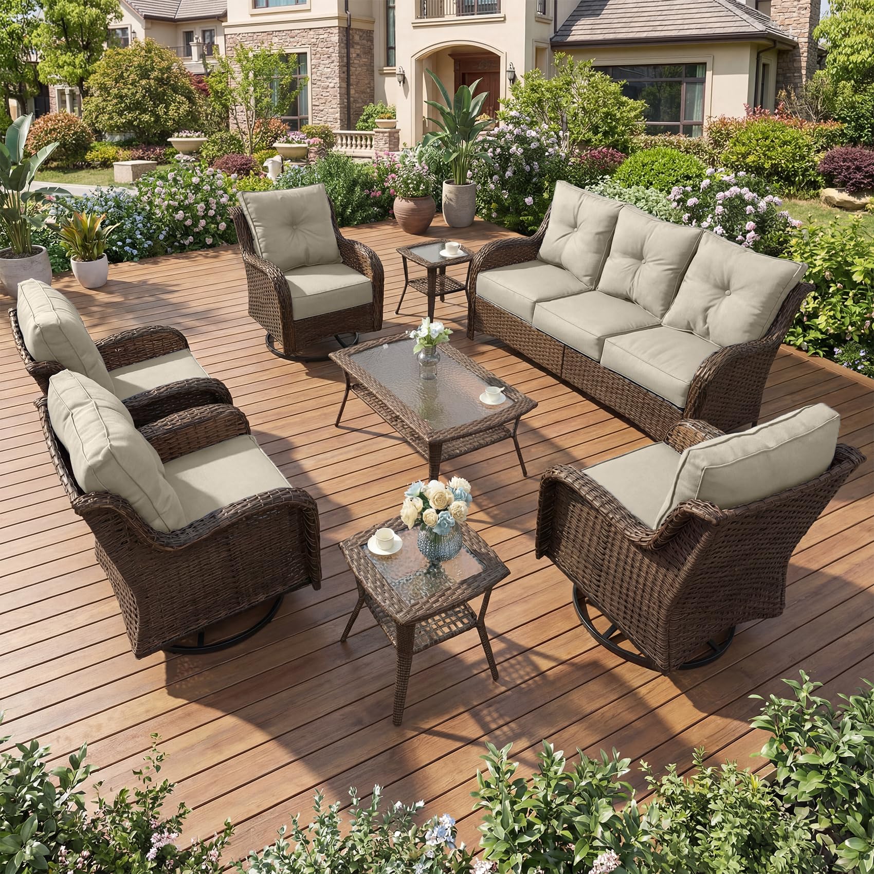 Patio Furniture Set, 3PCS Outdoor Wicker Conversation Set Porch Furniture with 6" Thick Cushions, High Back Swivel Chairs, Weather Resistant Olefin Fabric for Garden, Poolside, Navy Blue