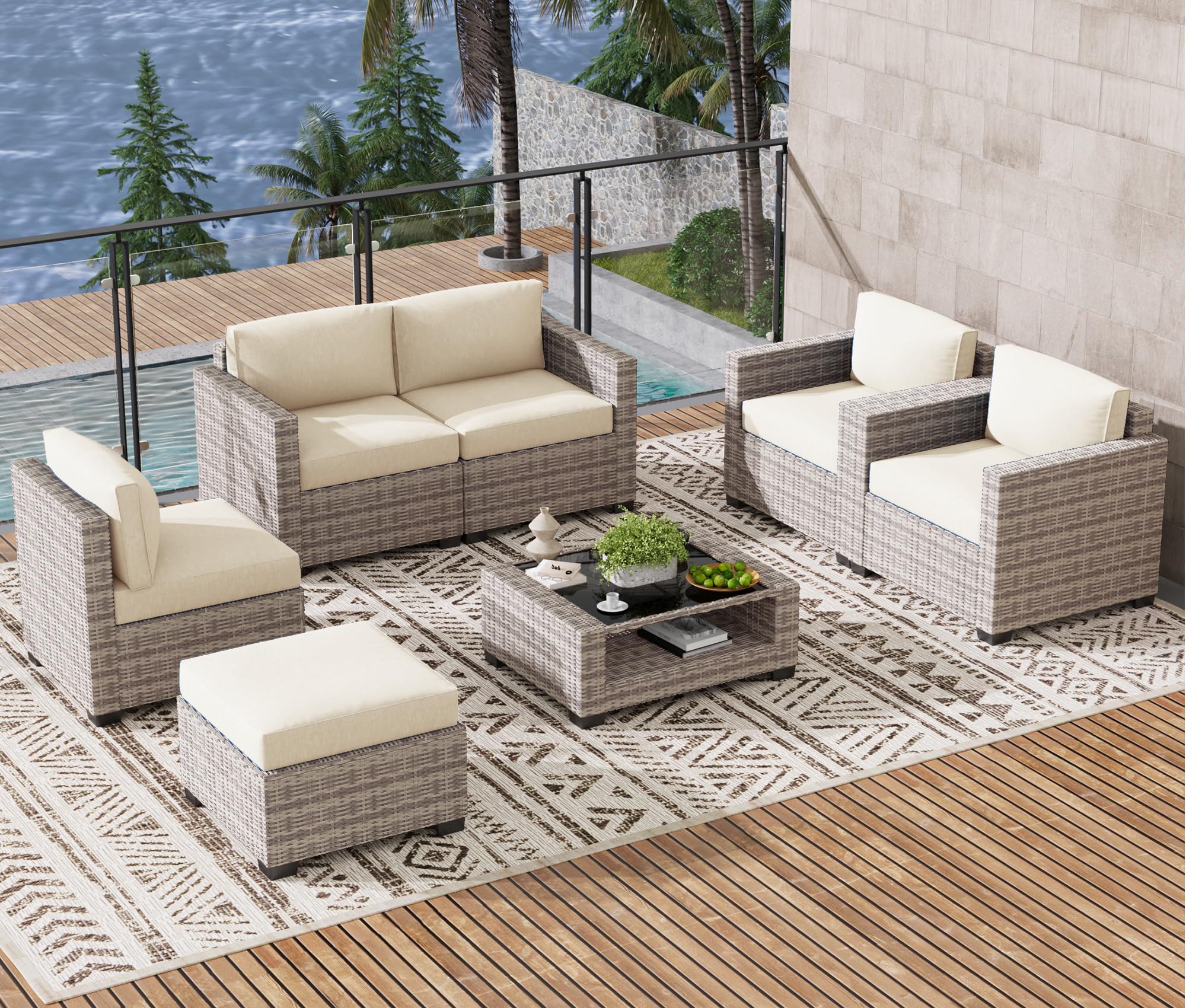 LOUVIXA 7 Piece Outdoor Patio Furniture Set, Rattan Chairs Glass Table Wicker Conversation Seating Sectional Sofa with Cushions (Brown-Navy, 7Pcs-2 Layer Coffee Table)